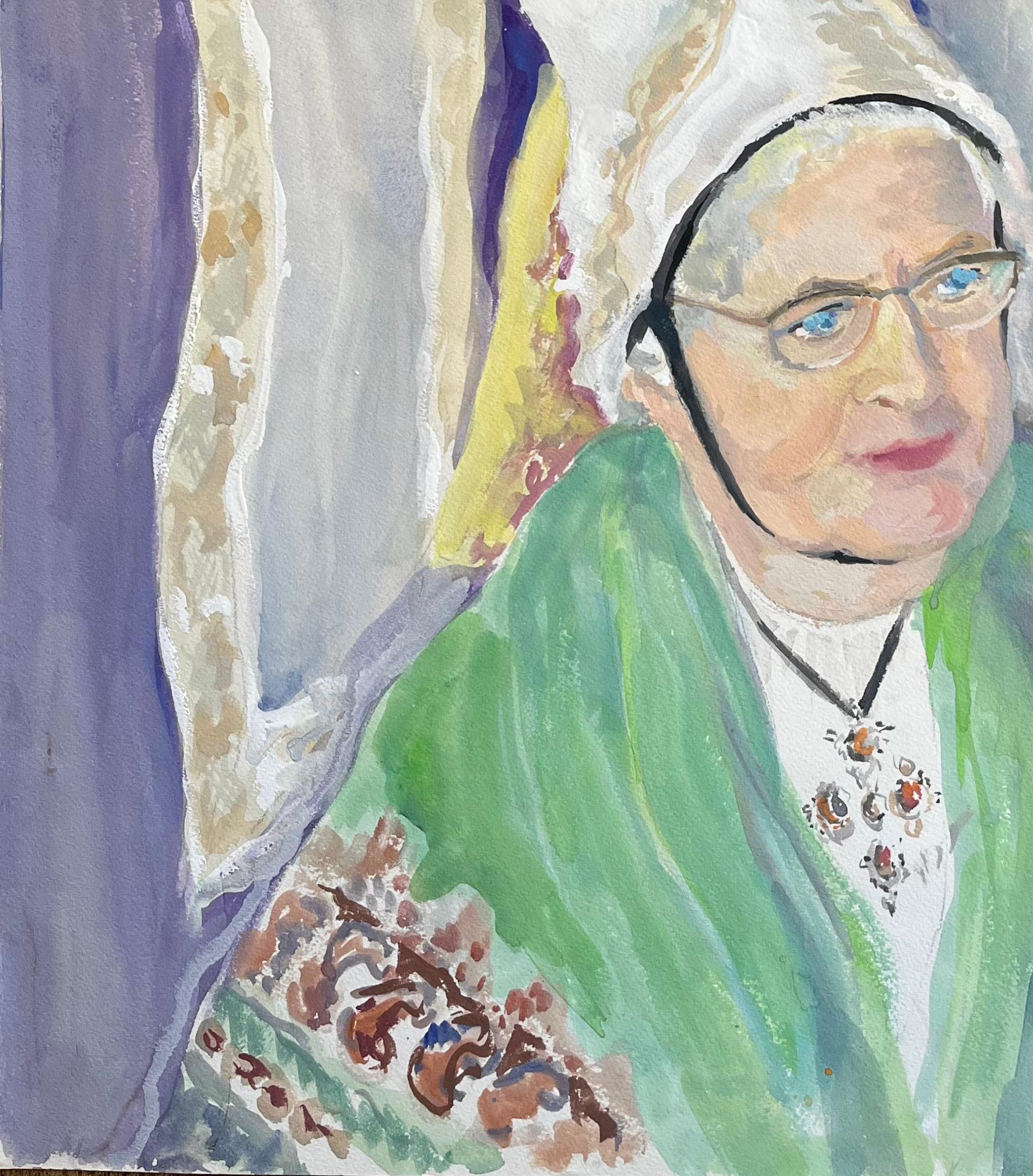 French mid 20th Century Retrato de mujer con tocado tradicional alsaciano - Landscape Painting Gris de Anne Marie Migette Perard