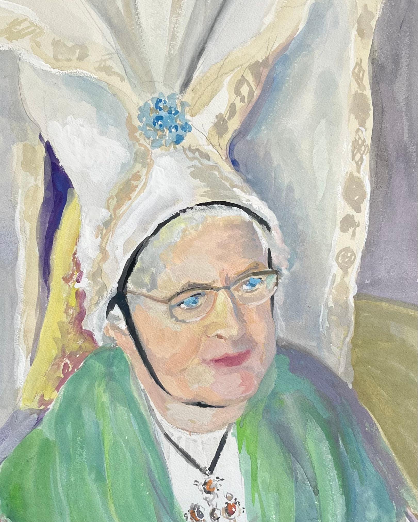 French mid 20th Century Retrato de mujer con tocado tradicional alsaciano en venta 2