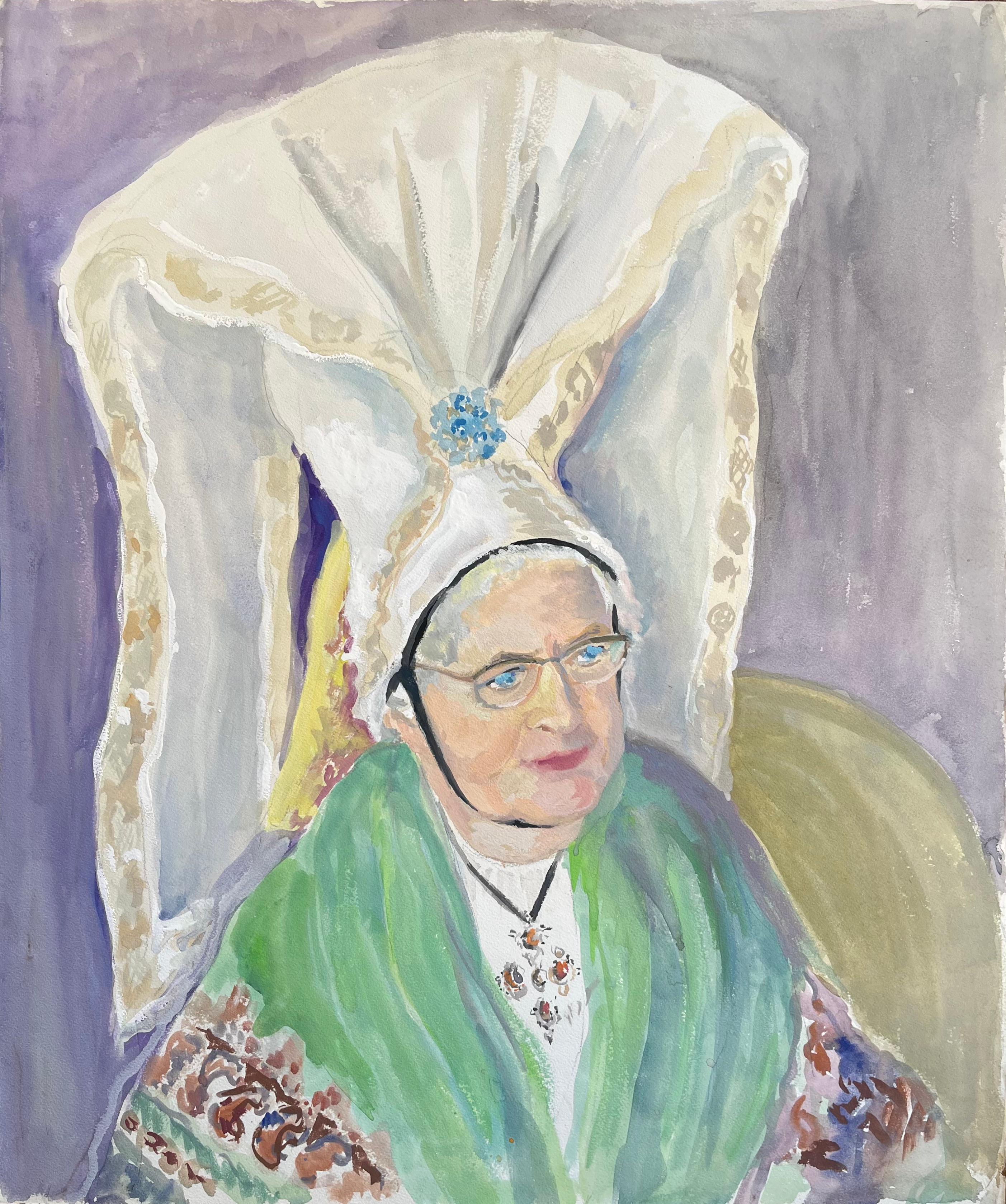 French mid 20th Century Ritratto di donna con copricapo tradizionale alsaziano