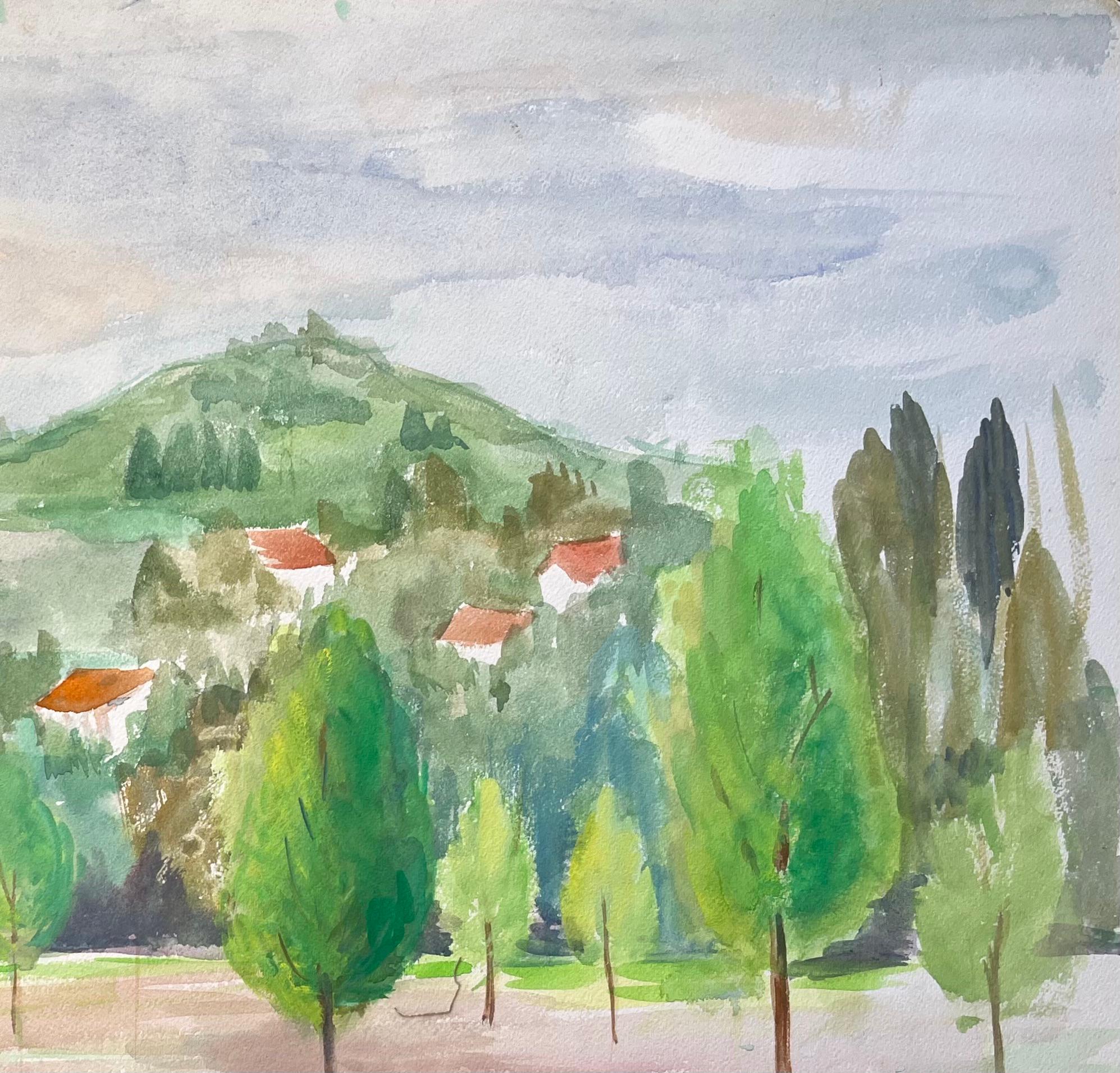 Paesaggio acquerellato francese della metà del XX secolo con villaggio in collina e stagno - Painting Postimpressionismo di Anne Marie Migette Perard