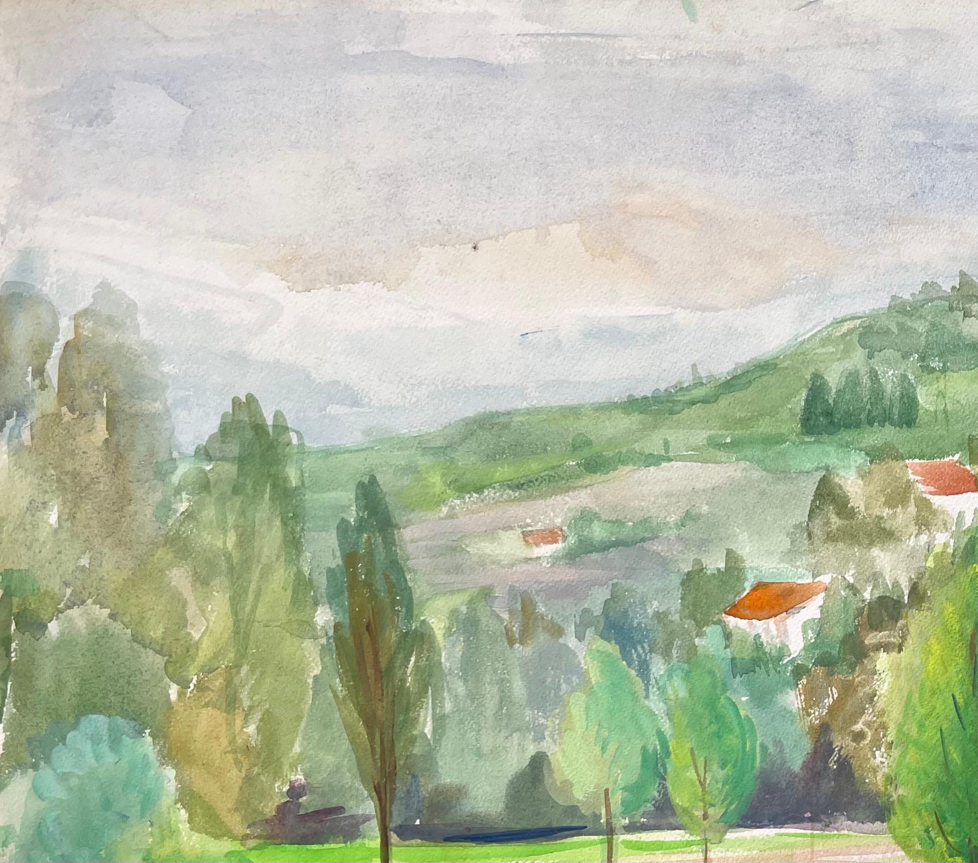 Paesaggio acquerellato francese della metà del XX secolo con villaggio in collina e stagno - Figurative Painting Grigio di Anne Marie Migette Perard