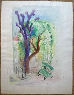 French Mid 20th Century Watercolor of Park Bench and Colorful Trees