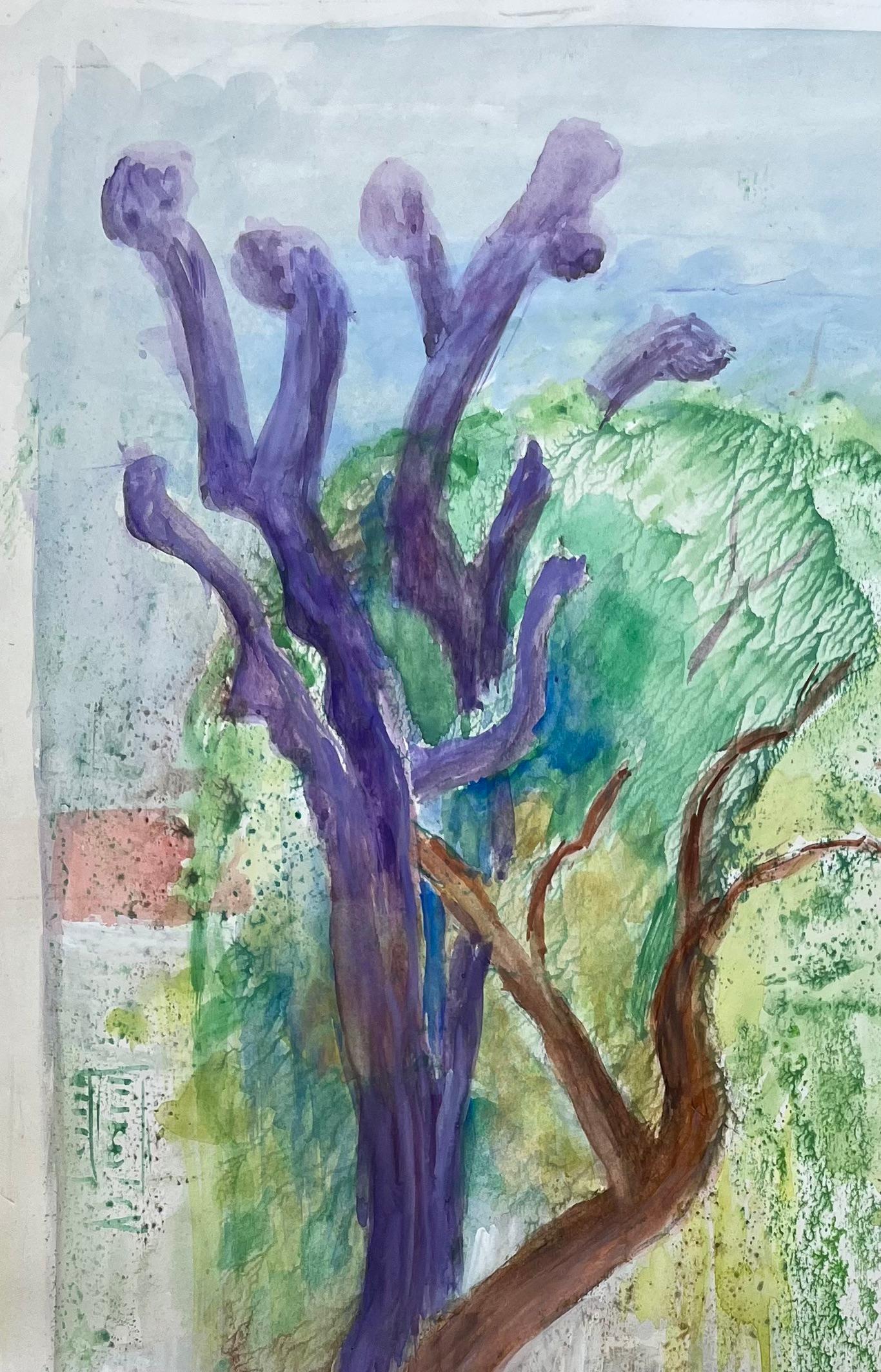 Acuarela francesa de mediados del siglo XX de banco de parque y árboles coloridos - Painting Posimpresionista de Anne Marie Migette Perard