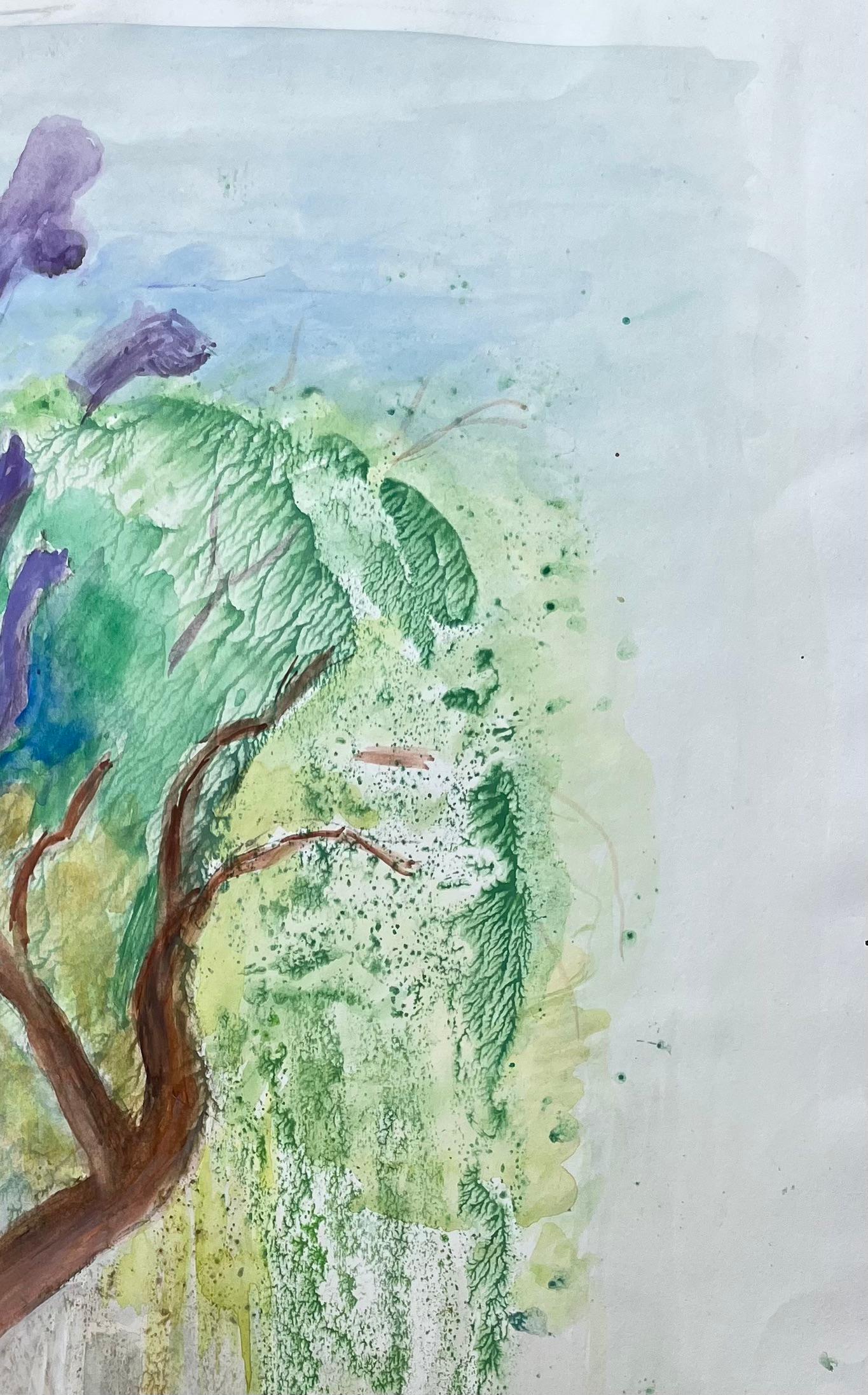 Acuarela francesa de mediados del siglo XX de banco de parque y árboles coloridos - Figurative Painting Gris de Anne Marie Migette Perard