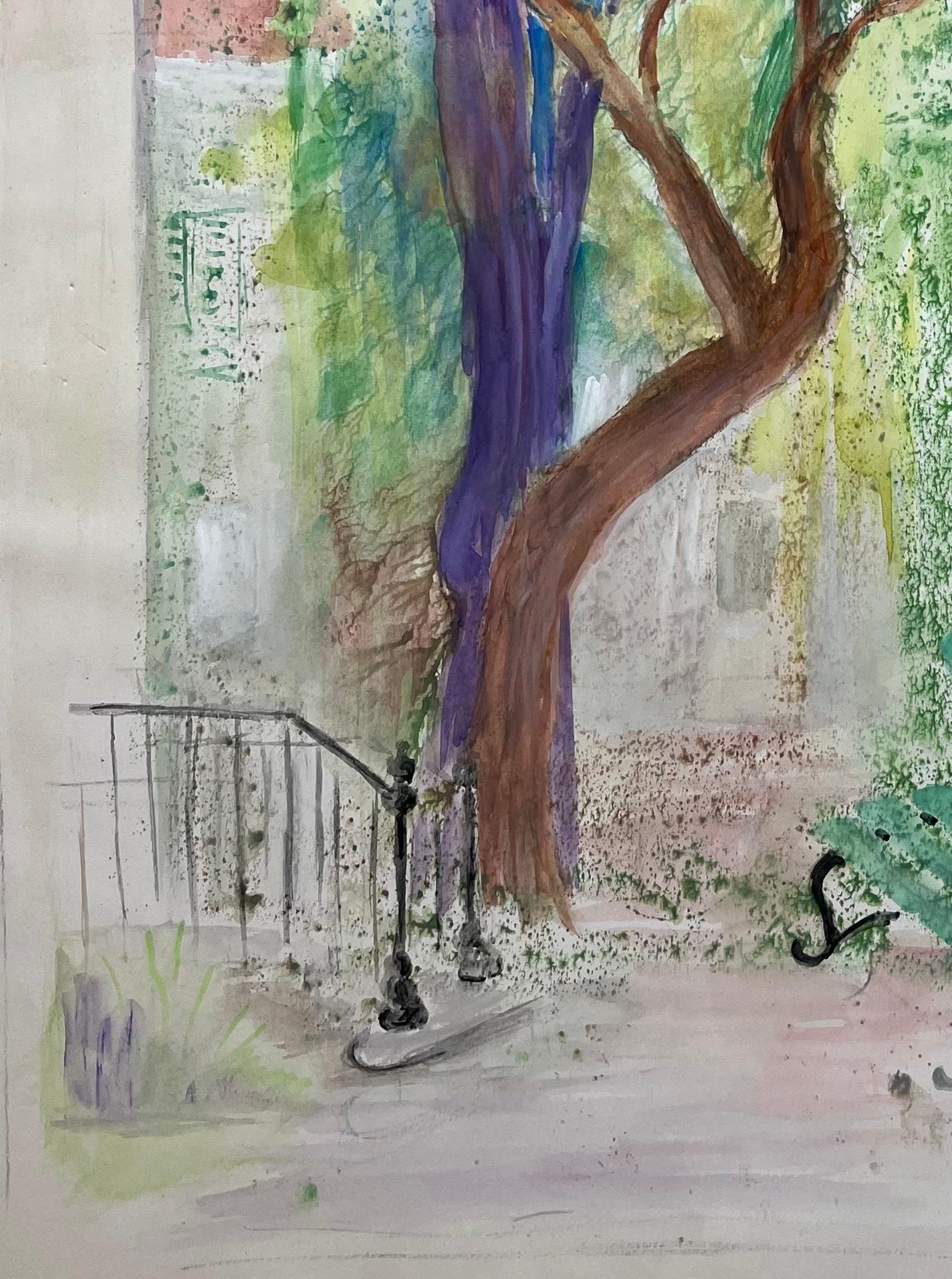 Título: Acuarela francesa de mediados del siglo XX de banco de parque y árboles coloridos
de Anne Marie Migette Perard (francesa 1902-1977)
Técnica: Acuarela sobre papel sin enmarcar
Tamaño: 25,75 pulgadas (alto) x 19,75 pulgadas (ancho) 
Estado: