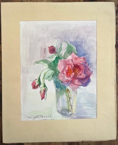 French Mid 20th Century Watercolor of Pink Roses in a Glass Vase