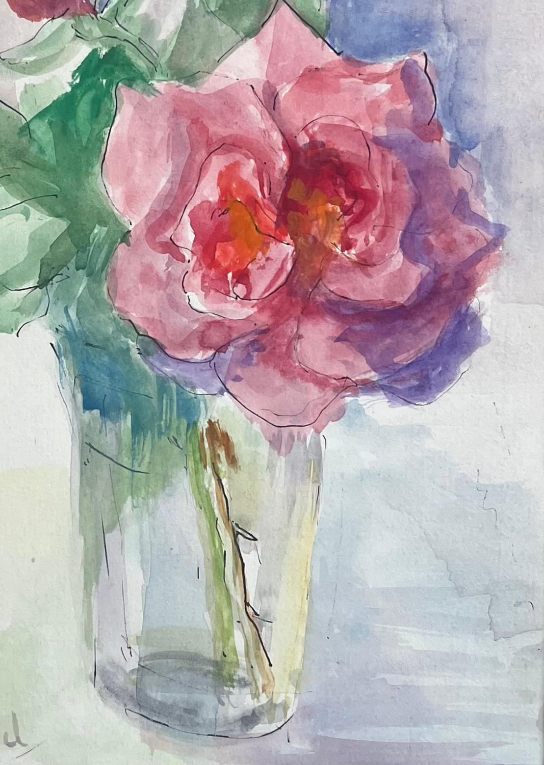 Acuarela francesa de mediados del siglo XX de rosas rosadas en un jarrón de cristal - Painting Posimpresionista de Anne Marie Migette Perard