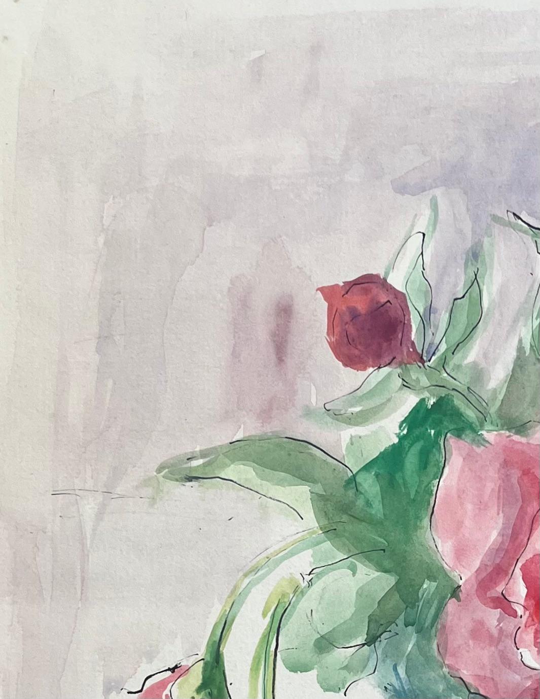 Título: Acuarela francesa de mediados de siglo de rosas rosas en un jarrón de cristal
de Anne Marie Migette Perard (francesa 1902-1977)
Firmado: Sí
Técnica: Acuarela y bolígrafo sobre papel sin enmarcar
Tamaño: 15,25 pulgadas (alto) x 12,5 pulgadas