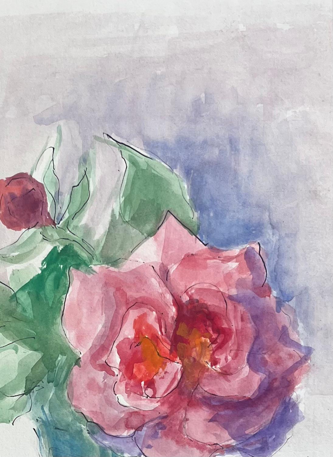 Acuarela francesa de mediados del siglo XX de rosas rosadas en un jarrón de cristal en venta 1