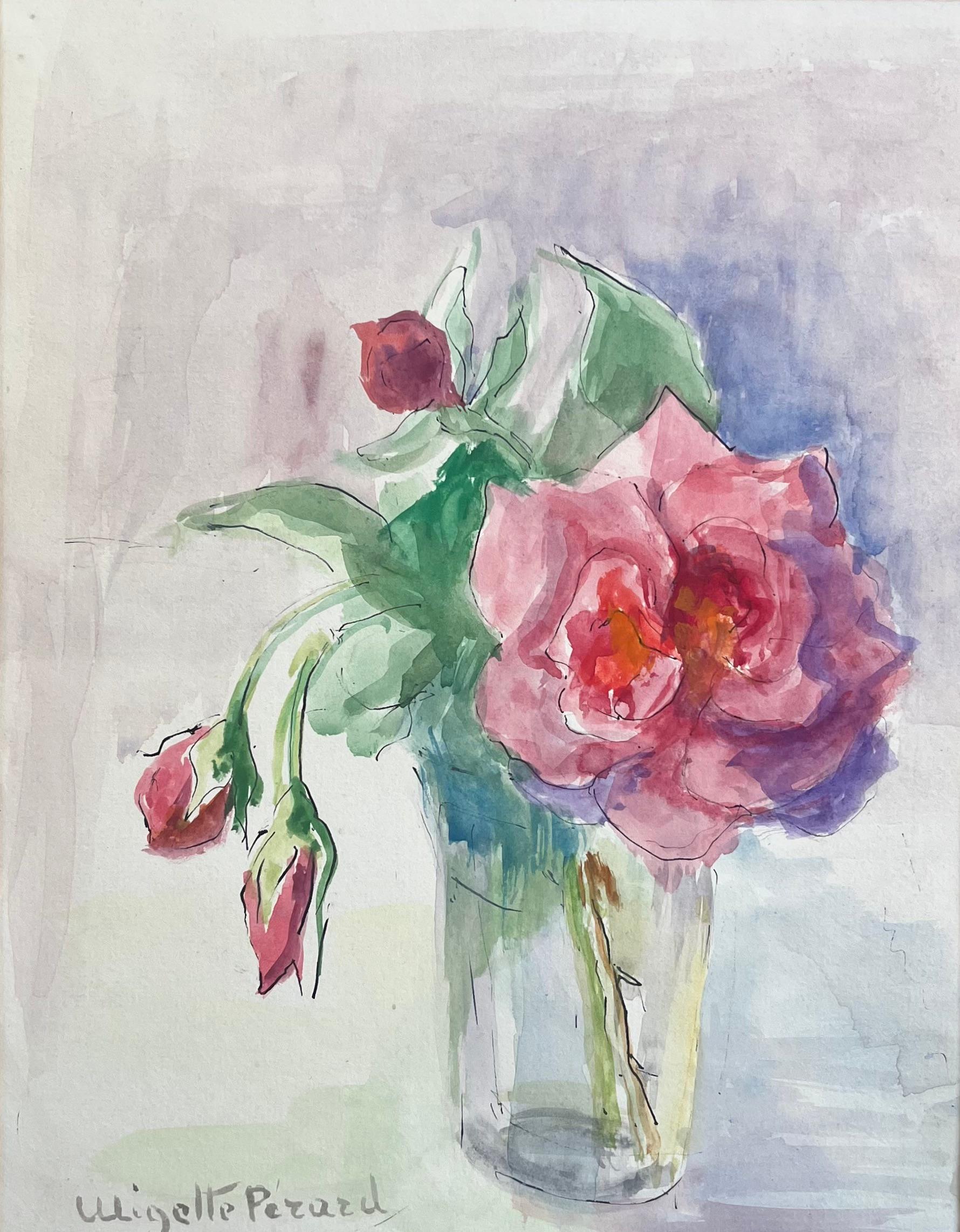 Acuarela francesa de mediados del siglo XX de rosas rosadas en un jarrón de cristal