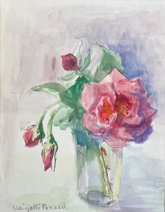 French Mid 20th Century Watercolor of Pink Roses in a Glass Vase