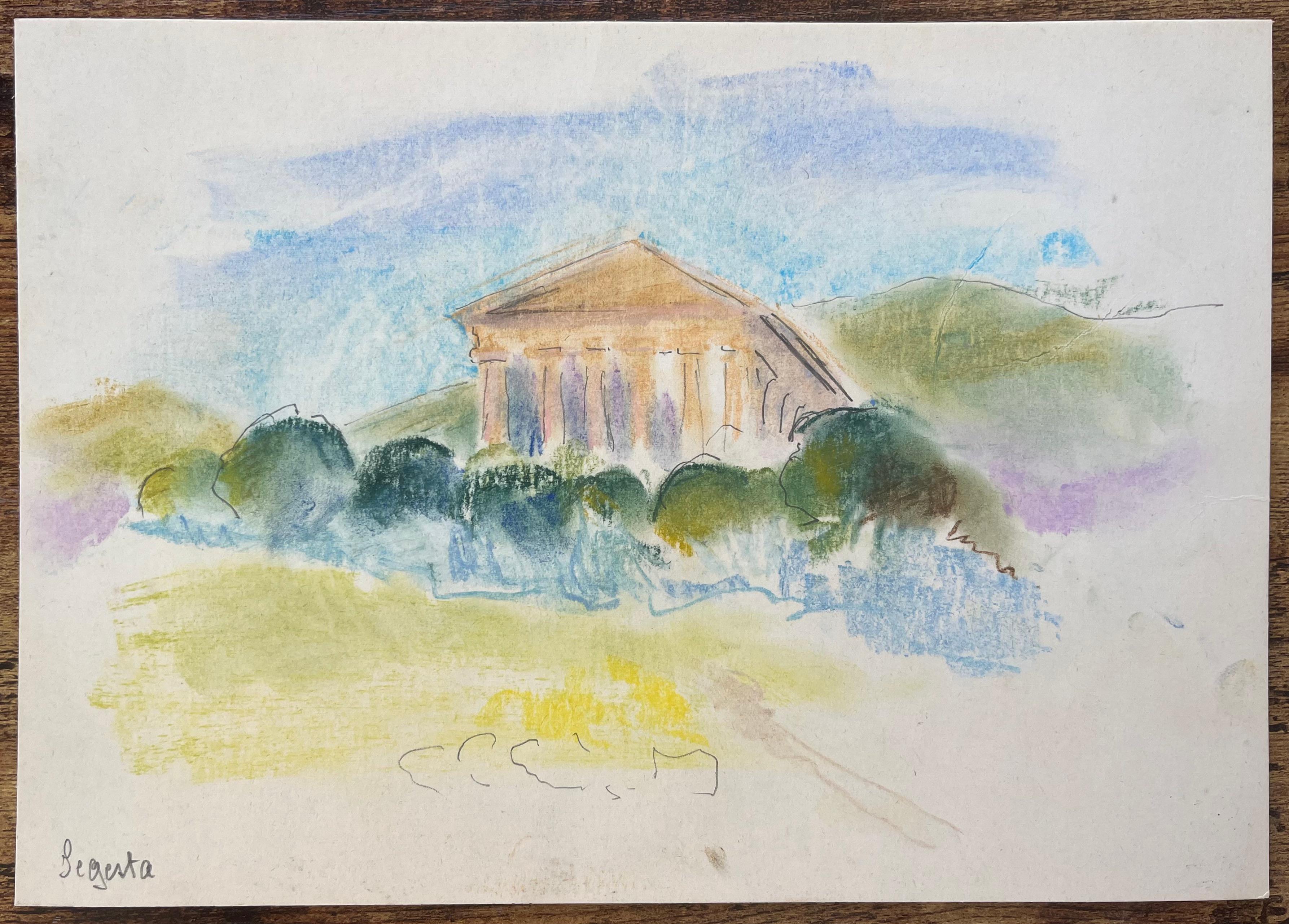 Acquerello francese della metà del XX secolo raffigurante il Tempio di Segesta in Sicilia - Painting di Anne Marie Migette Perard