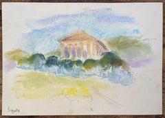 French Mid-20th Century Watercolour of Temple of Segesta in Sicily