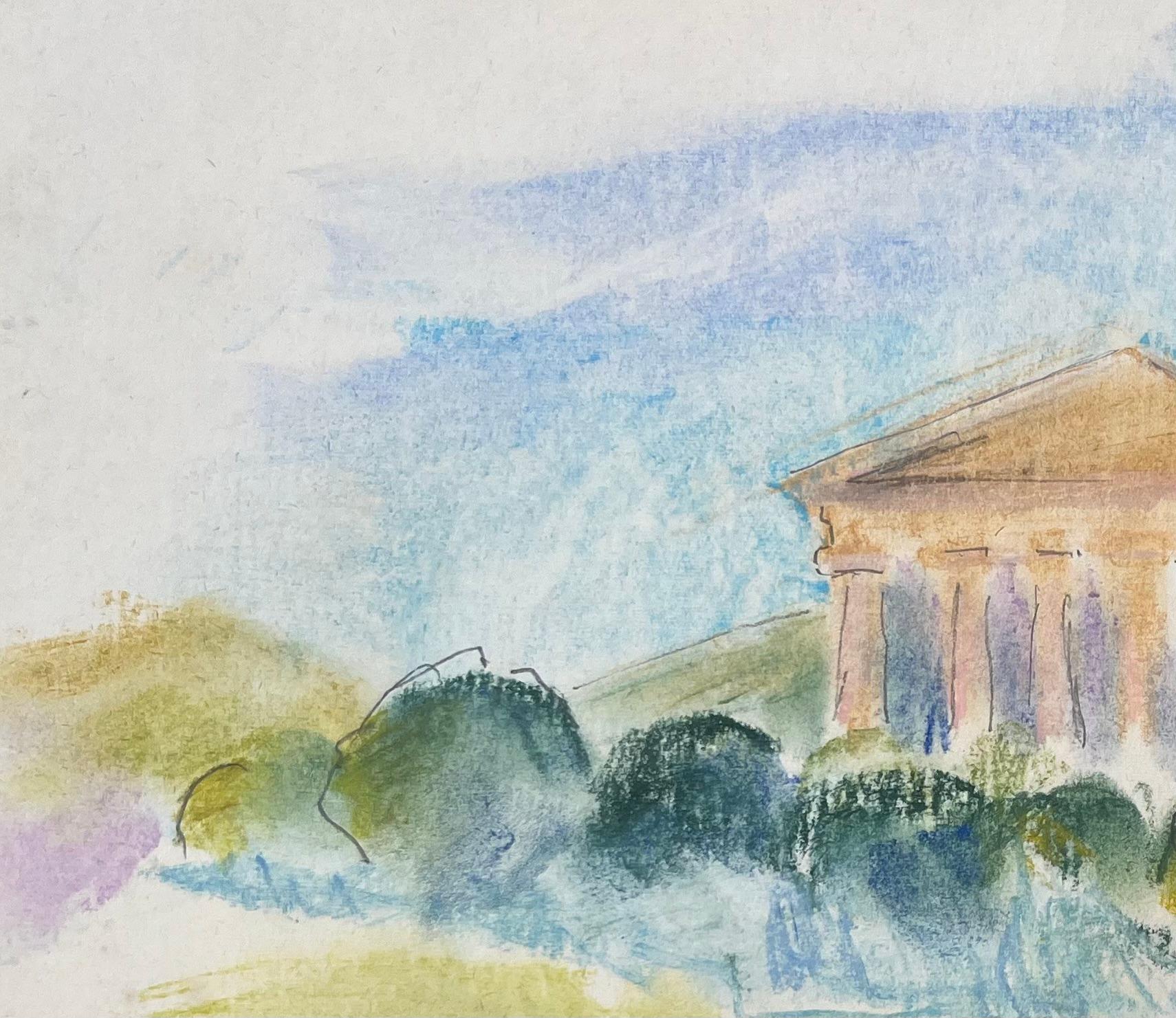 Acquerello francese della metà del XX secolo raffigurante il Tempio di Segesta in Sicilia - Painting Postimpressionismo di Anne Marie Migette Perard