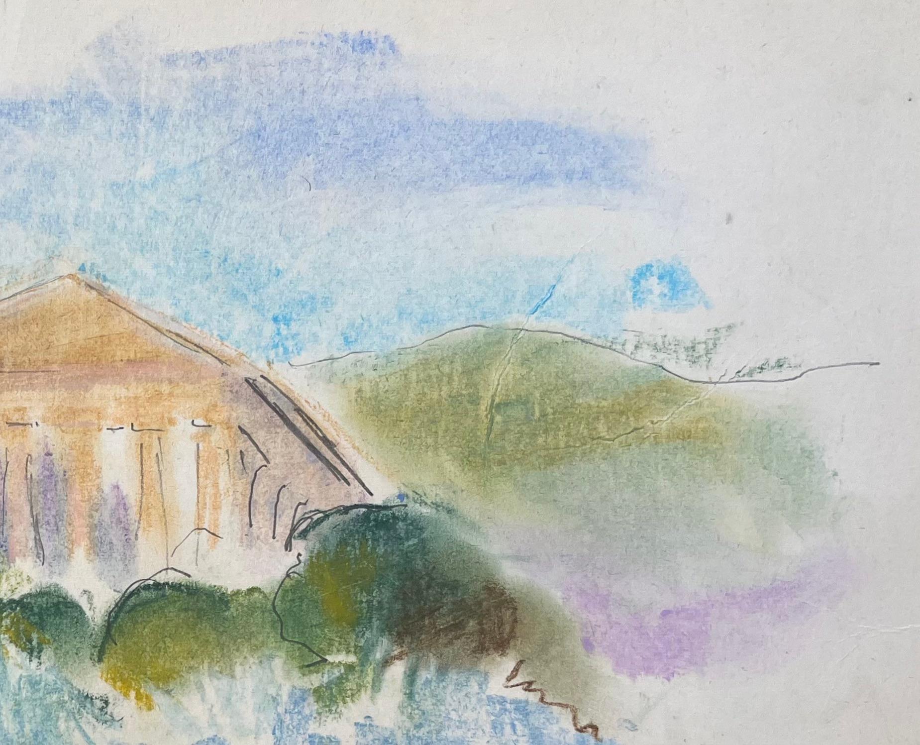 Acquerello francese della metà del XX secolo raffigurante il Tempio di Segesta in Sicilia - Figurative Painting Grigio di Anne Marie Migette Perard