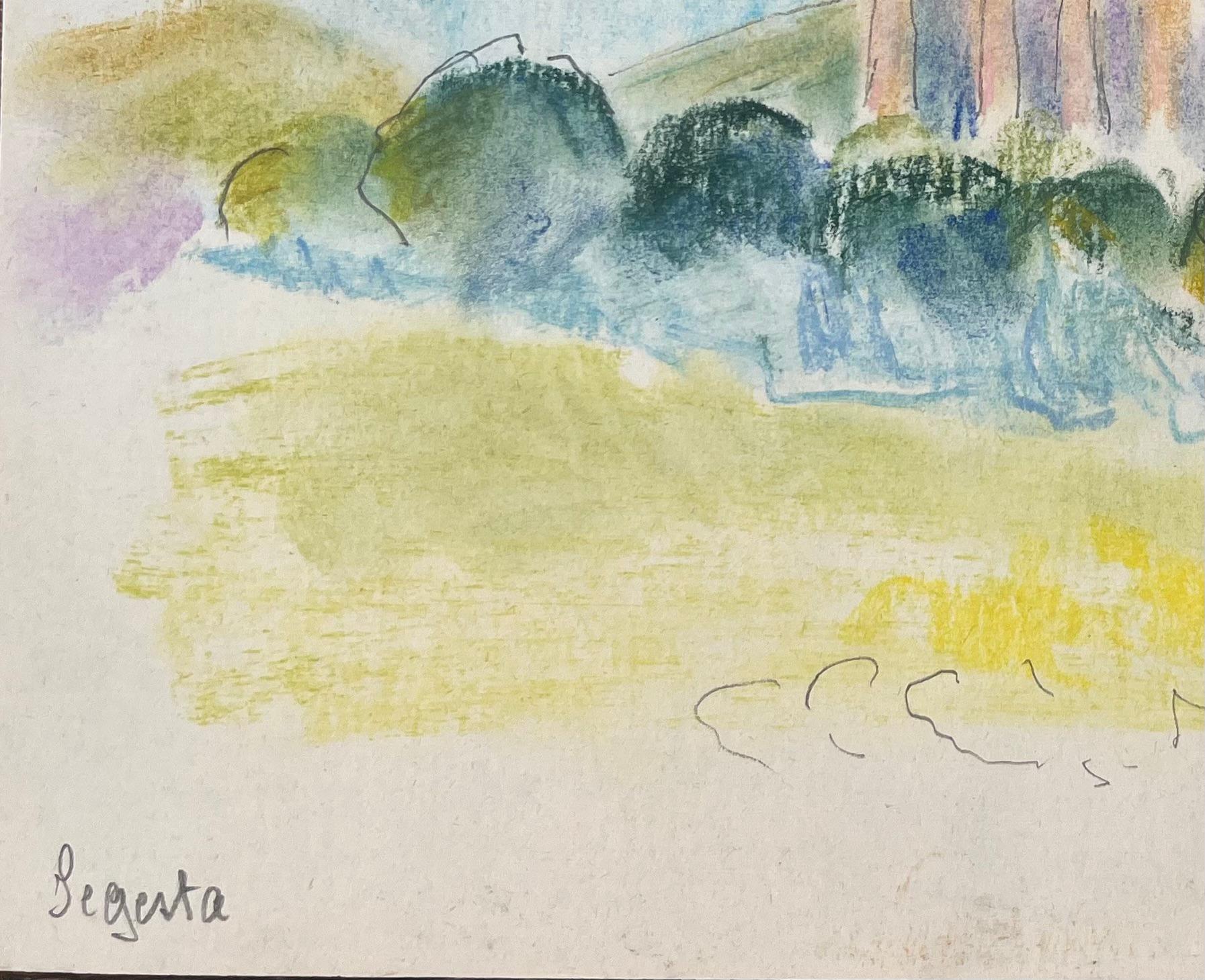 Titolo: Acquerello francese della metà del XX secolo raffigurante il Tempio di Segesta in Sicilia
di Anne Marie Migette Perard (francese, 1902-1977)
Medio: Pastello su carta non incorniciata
Dimensioni: 8,75 pollici (altezza) x 12,5 pollici