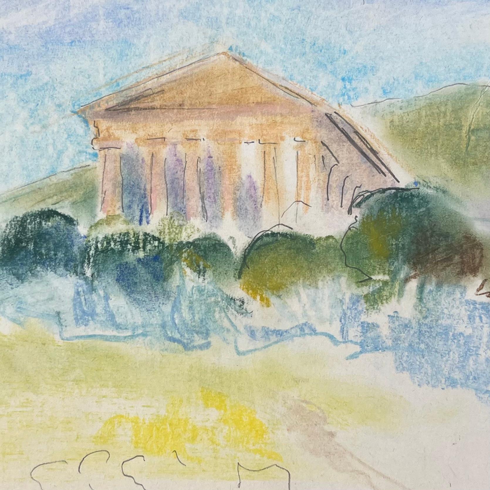 Acquerello francese della metà del XX secolo raffigurante il Tempio di Segesta in Sicilia in vendita 2
