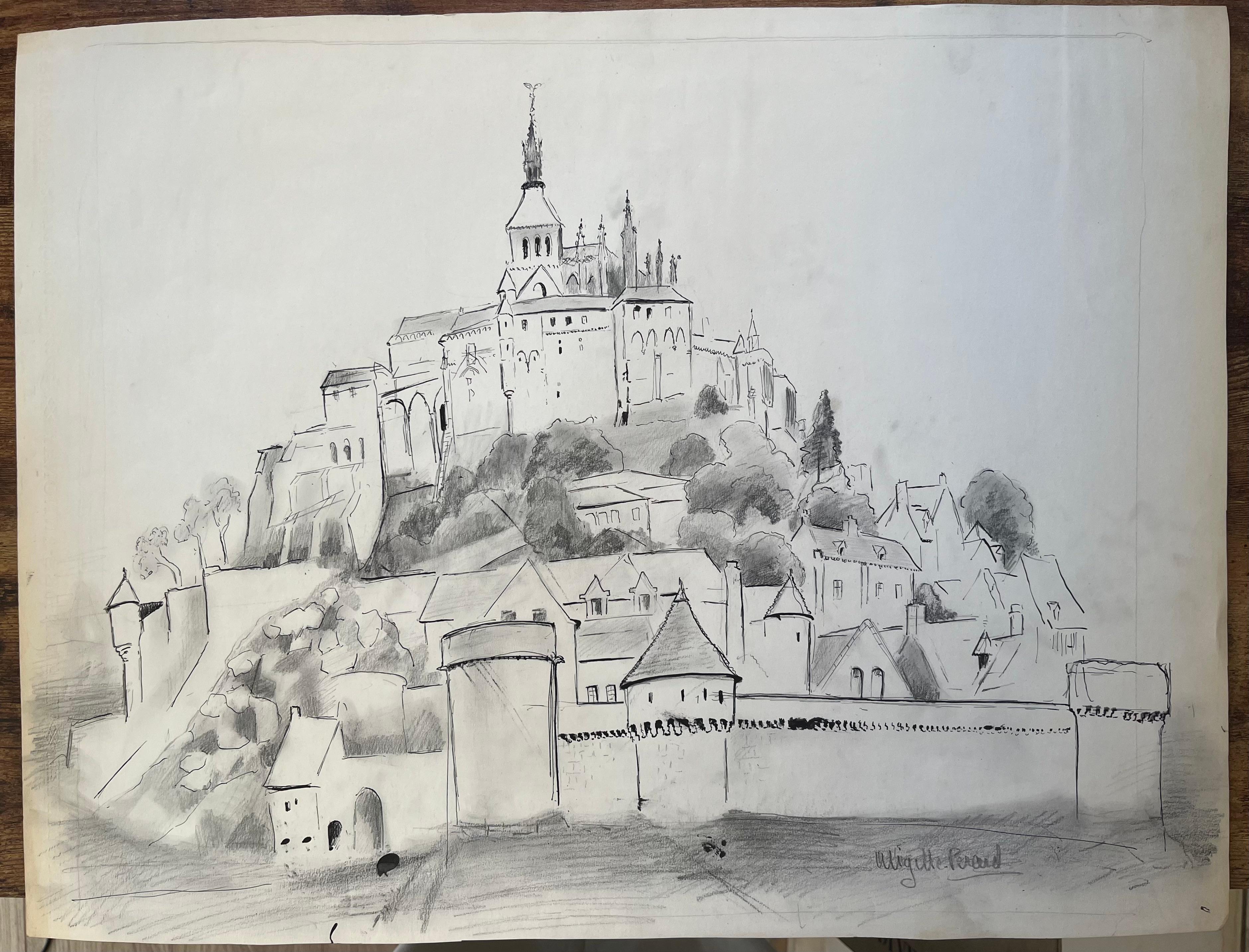 Disegno francese di metà secolo di Mont-Saint-Michel con bastioni medievali - Painting di Anne Marie Migette Perard