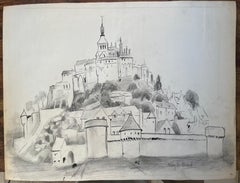 French Mid-Century Drawing of Mont-Saint-Michel with Medieval Ramparts