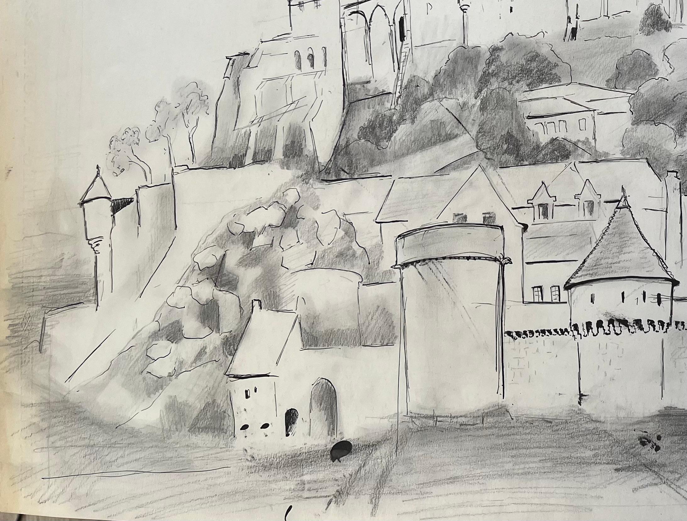 Disegno francese di metà secolo di Mont-Saint-Michel con bastioni medievali - Painting Postimpressionismo di Anne Marie Migette Perard