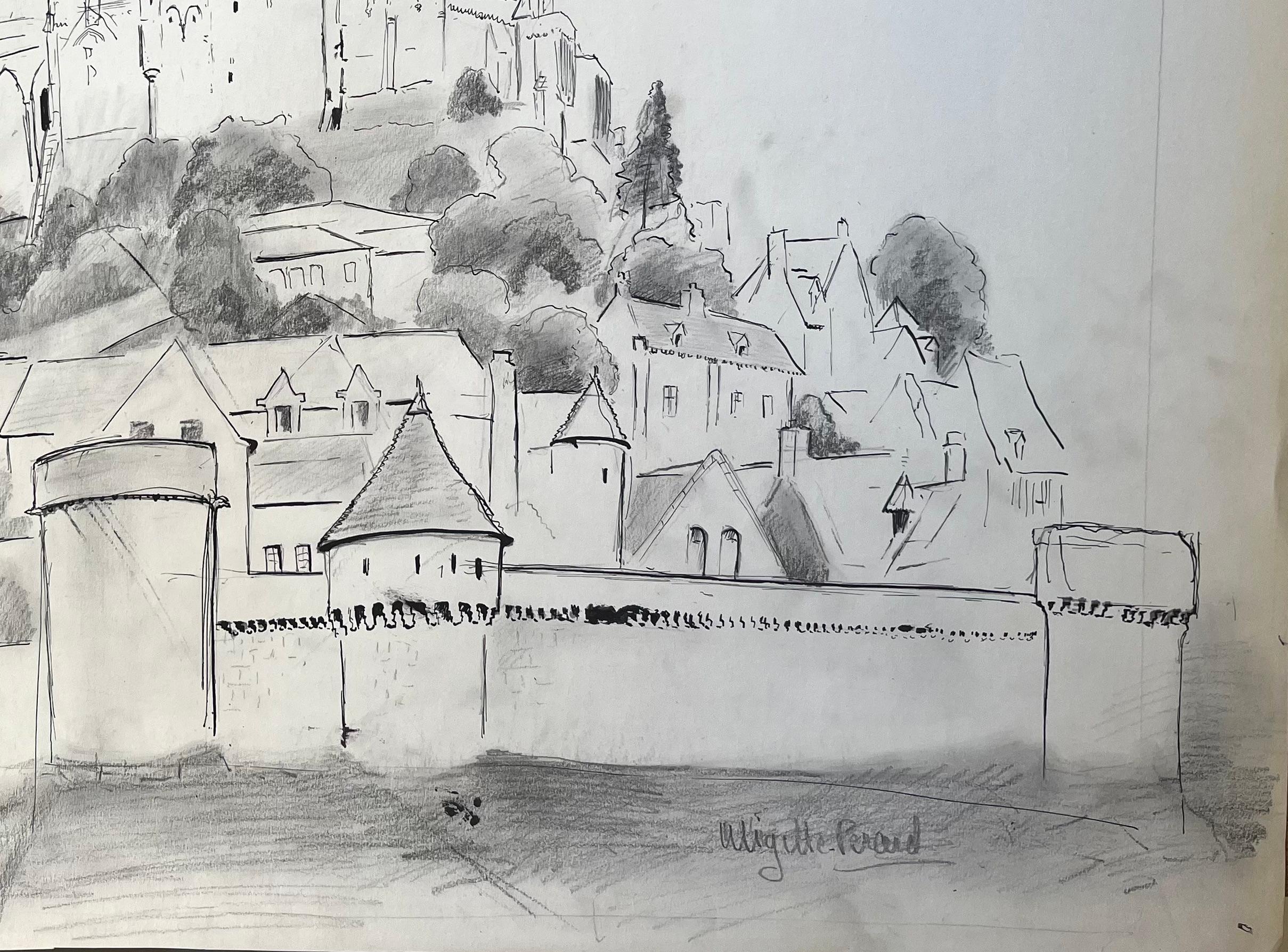 Disegno francese di metà secolo di Mont-Saint-Michel con bastioni medievali in vendita 1
