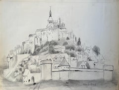 Dessin français du milieu du siècle dernier représentant Mont-Saint-Michel avec monuments médiévaux