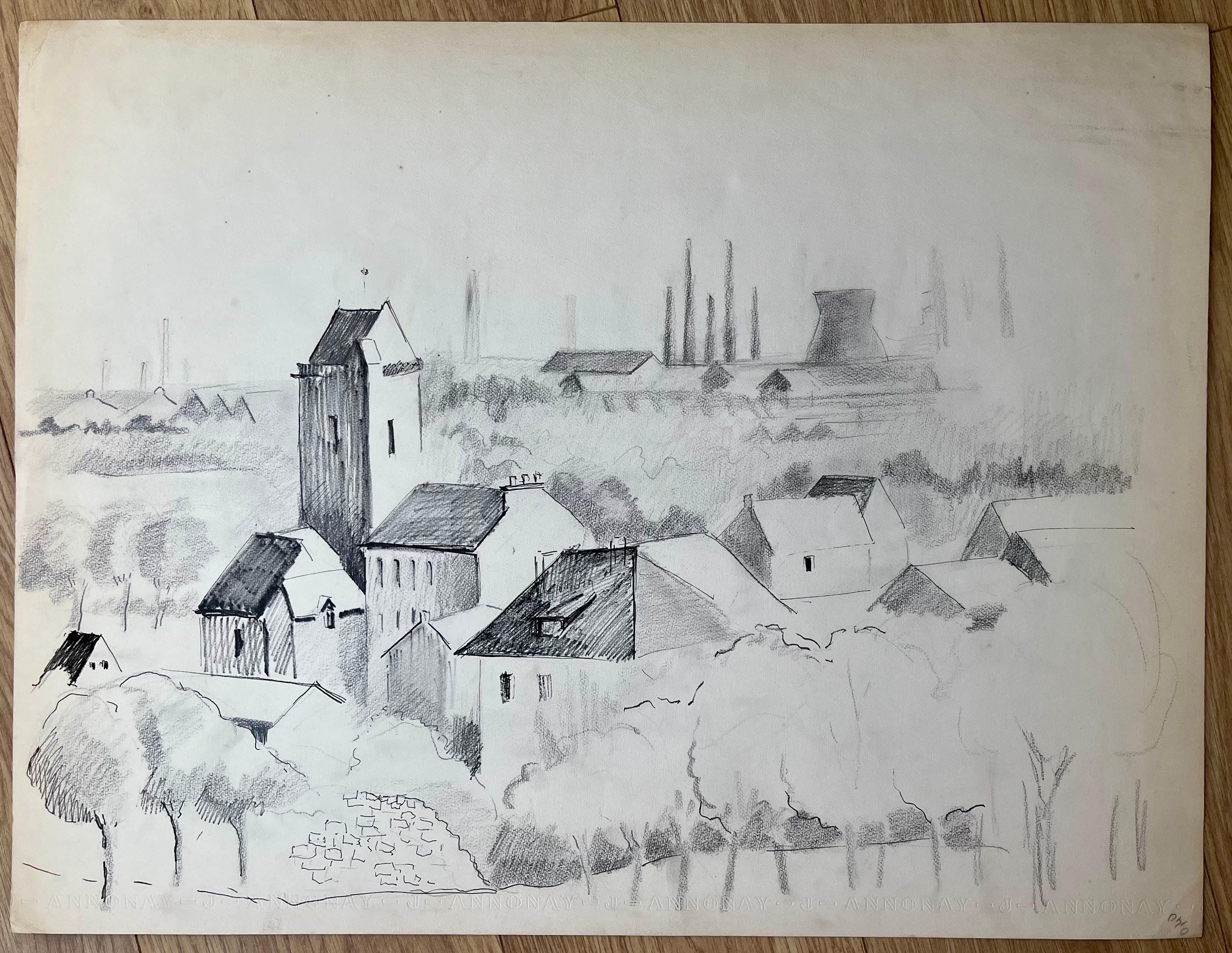 Disegno a penna e grafite di Annonay della metà del secolo scorso con skyline industriale - Painting di Anne Marie Migette Perard