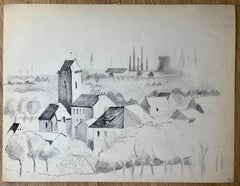 French Mid-Century Graphite and Pen Drawing of Annonay with Industrial Skyline