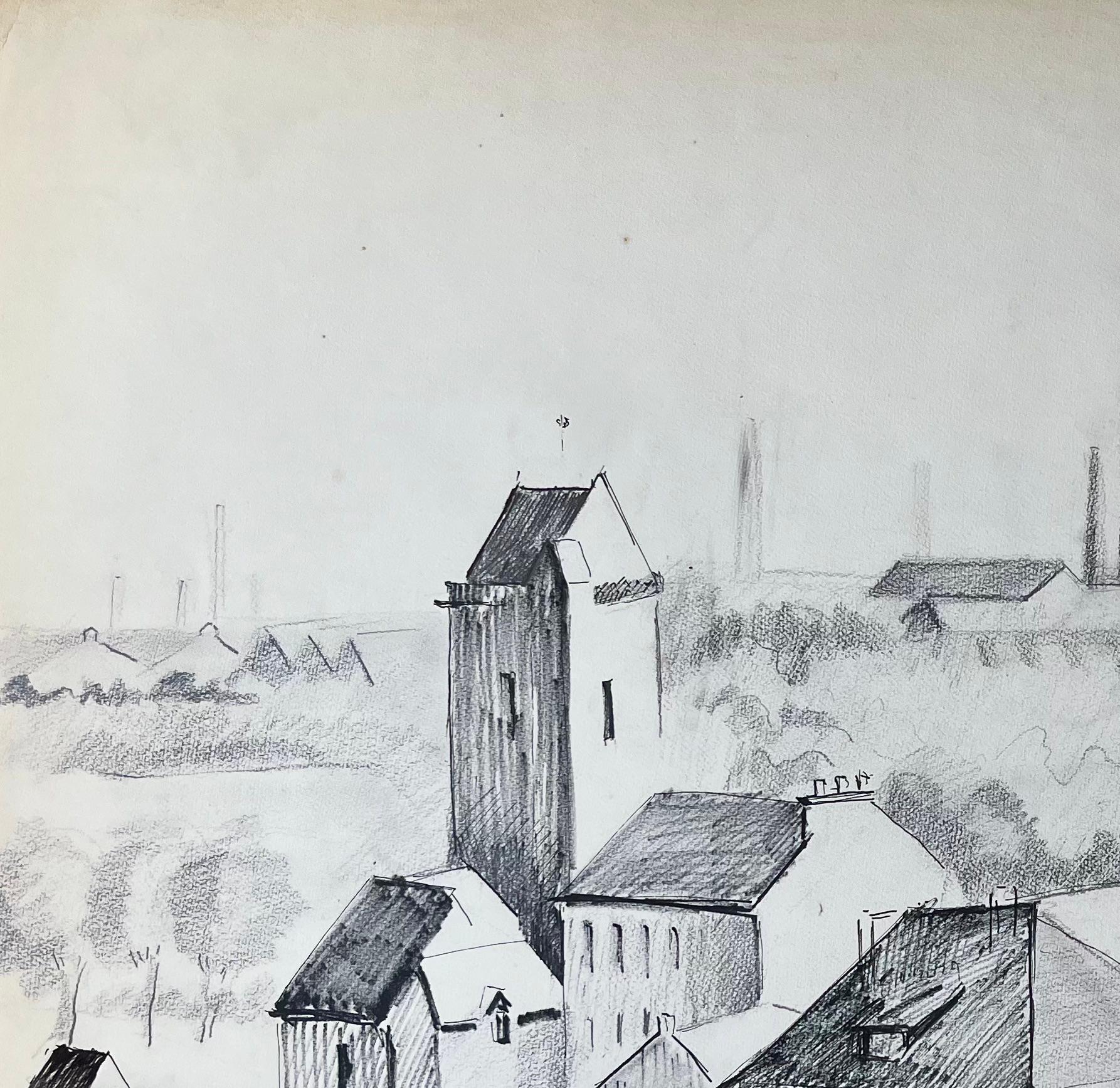 Disegno a penna e grafite di Annonay della metà del secolo scorso con skyline industriale - Painting Postimpressionismo di Anne Marie Migette Perard