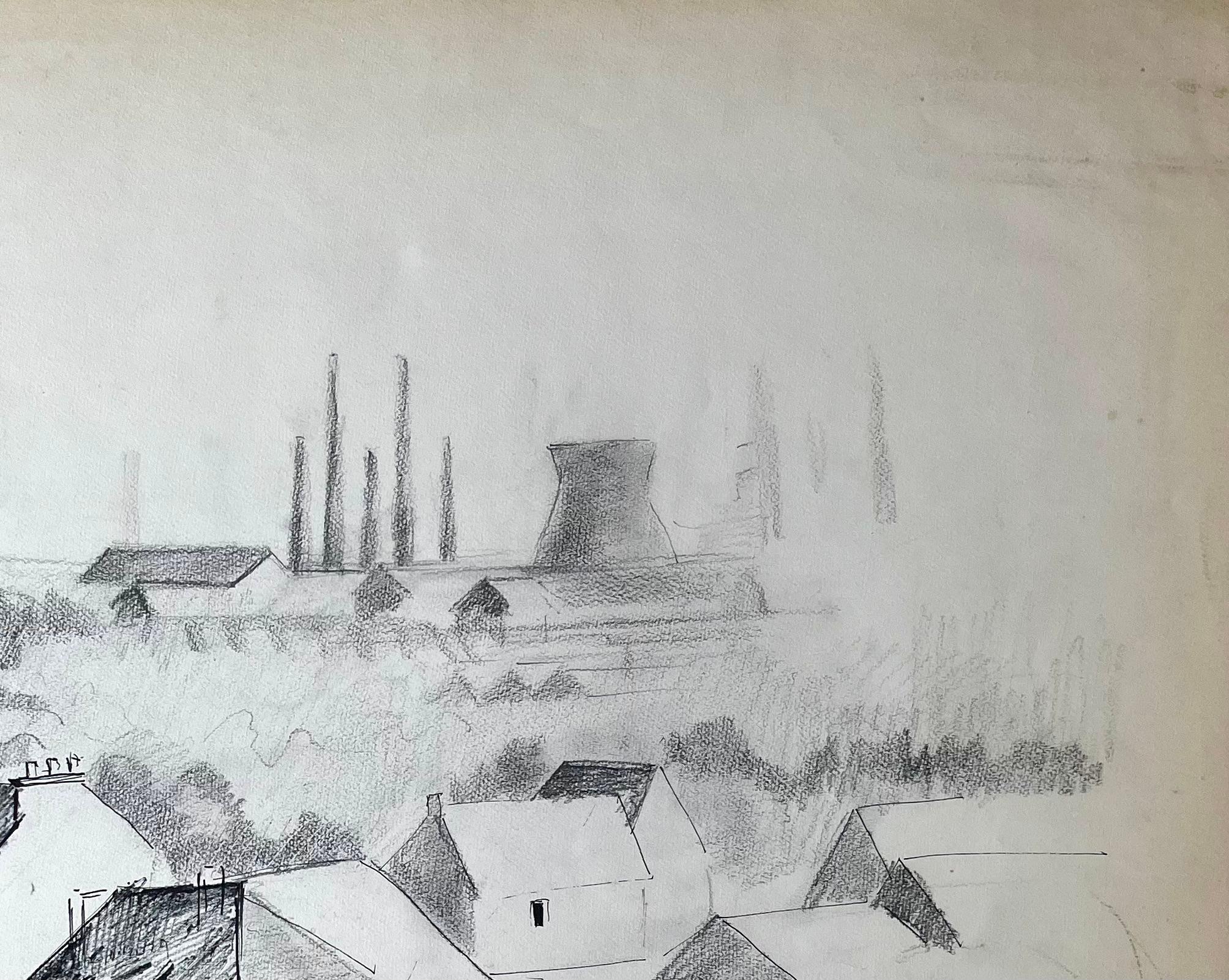 Disegno a penna e grafite di Annonay della metà del secolo scorso con skyline industriale - Landscape Painting Grigio di Anne Marie Migette Perard