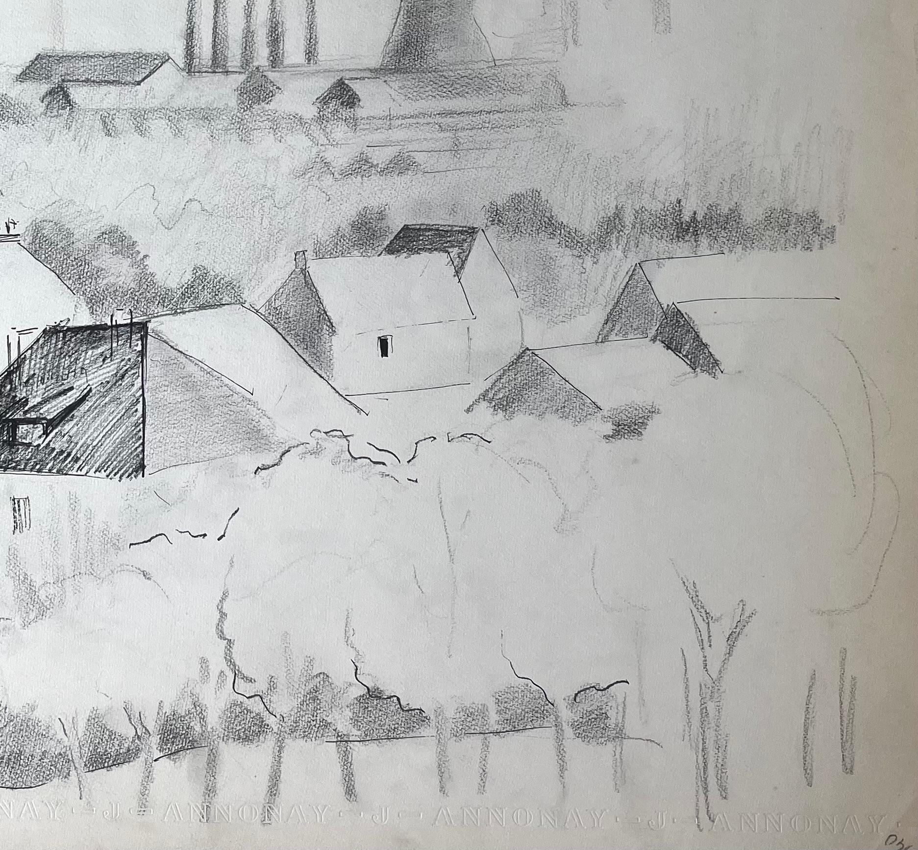 Titolo: Disegno a penna e grafite di Annonay, metà del secolo scorso, con skyline industriale
di Anne Marie Migette Perard (francese, 1902-1977)
Medio: Grafite e penna su carta non incorniciata
Dimensioni: 20,75 pollici (altezza) x 17,75 pollici