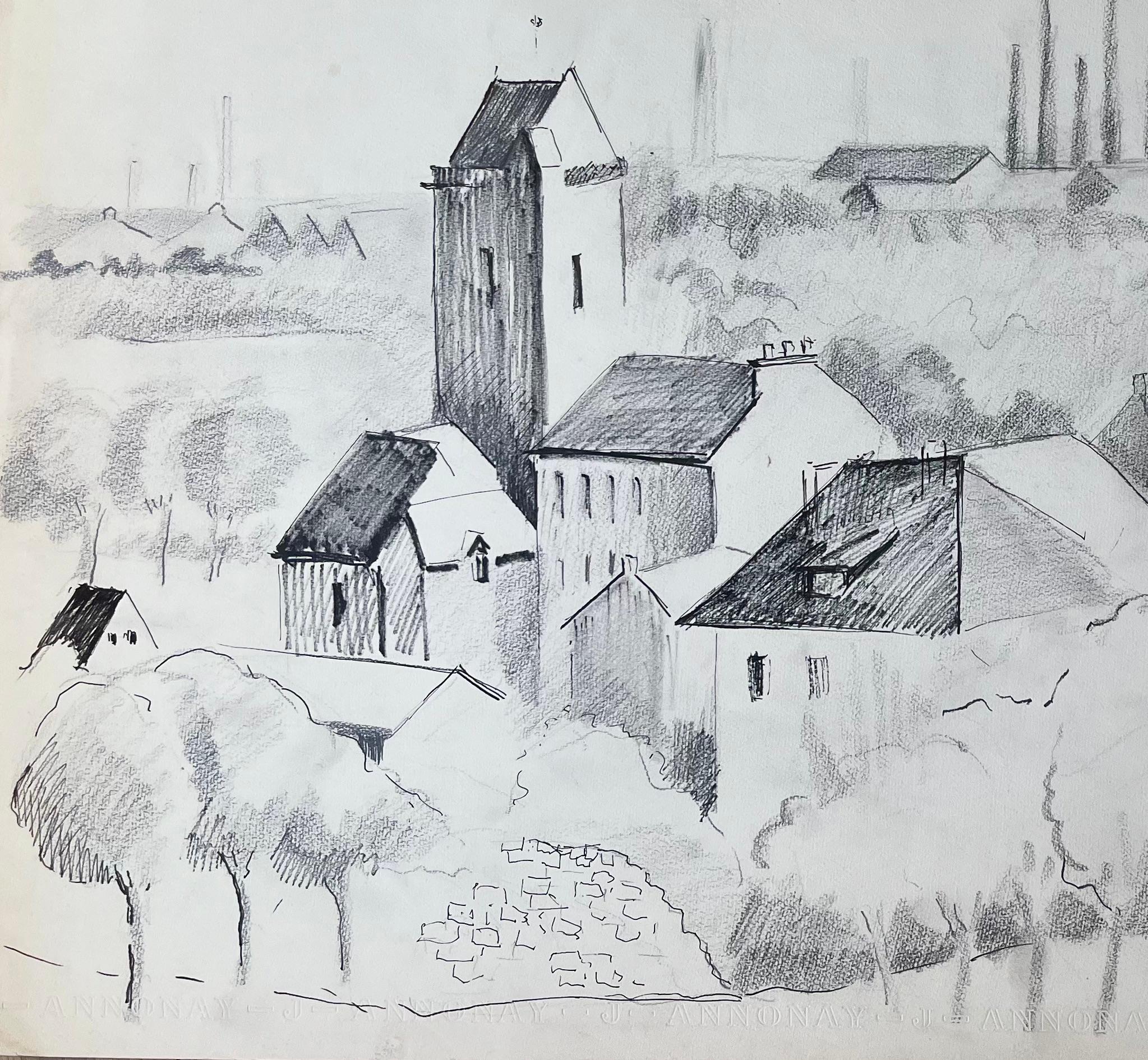 Disegno a penna e grafite di Annonay della metà del secolo scorso con skyline industriale in vendita 1