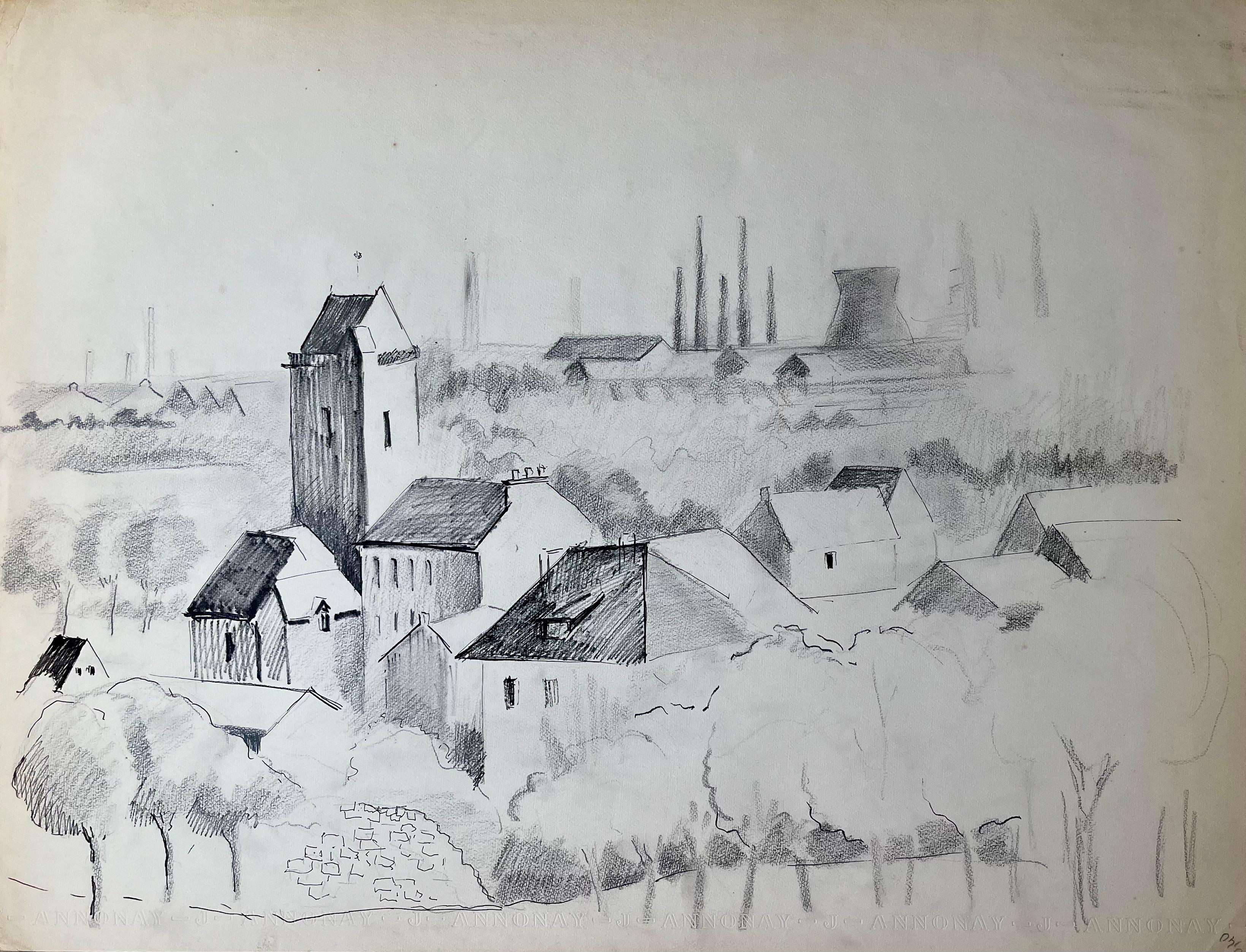 Dessin français du milieu du siècle dernier représentant Annonay avec une ligne d'horizon industrielle