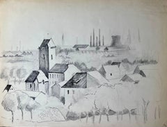 Dessin français du milieu du siècle dernier représentant Annonay avec une ligne d'horizon industrielle