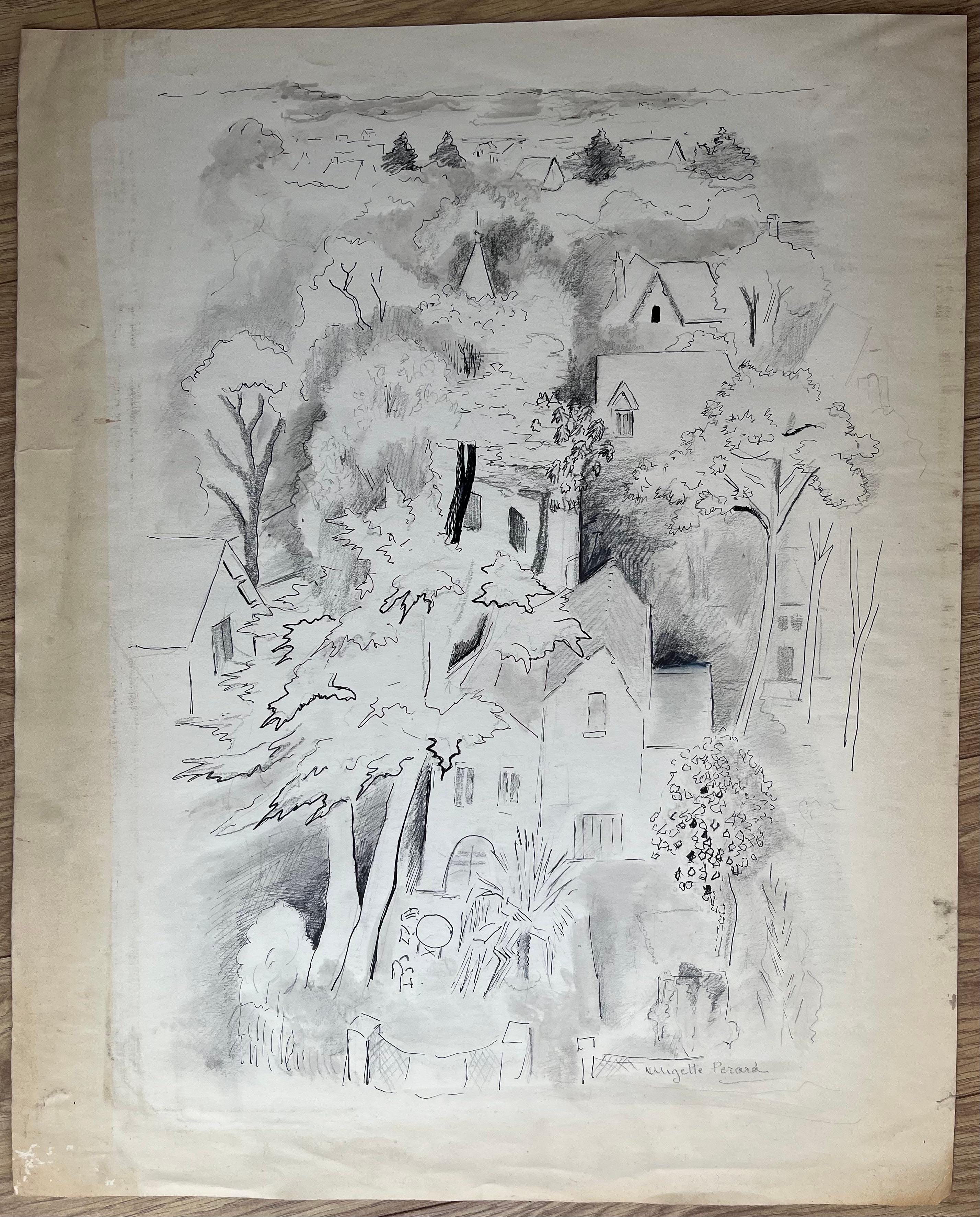 Encre et dessin français du milieu du siècle dernier représentant un village parmi des arbres - Painting de Anne Marie Migette Perard