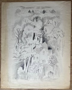 French Mid-Century Ink and Graphite Drawing of Village Among Trees