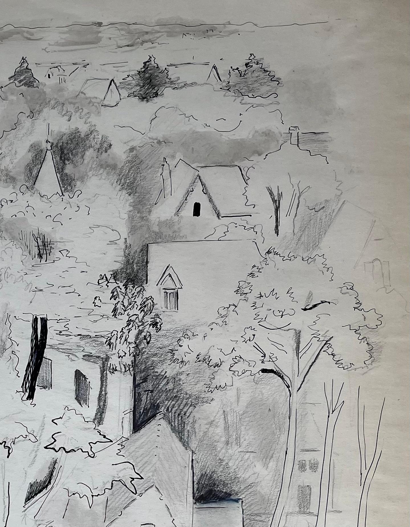 Encre et dessin français du milieu du siècle dernier représentant un village parmi des arbres - Post-impressionnisme Painting par Anne Marie Migette Perard