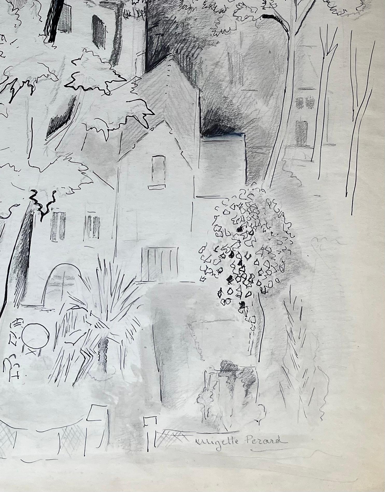 Encre et dessin français du milieu du siècle dernier représentant un village parmi des arbres - Gris Landscape Painting par Anne Marie Migette Perard