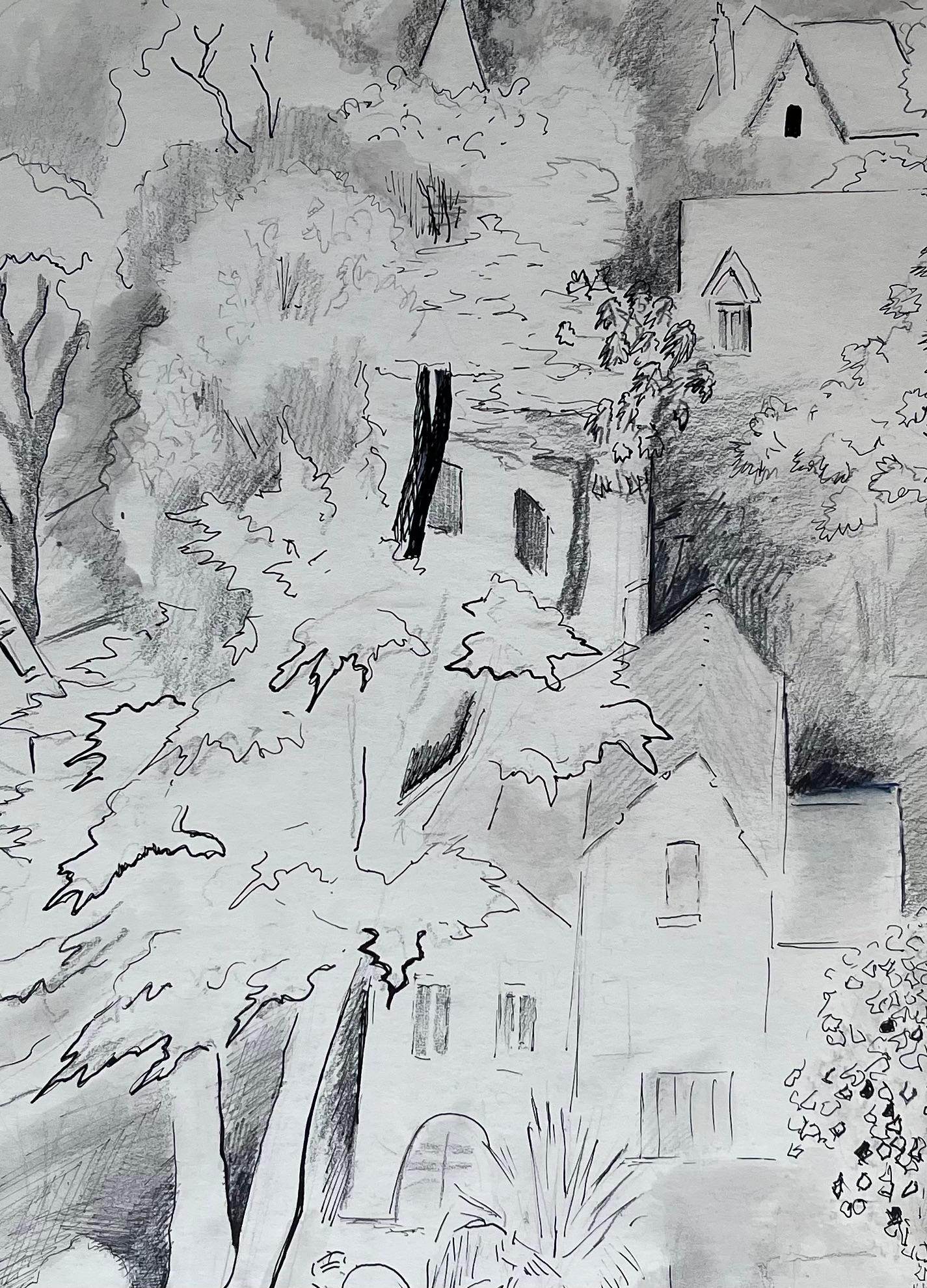 Encre et dessin français du milieu du siècle dernier représentant un village parmi des arbres en vente 1