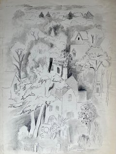 Disegno francese di metà secolo a inchiostro e grafite raffigurante un villaggio tra gli alberi