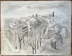 French Mid-Century Ink and Wash Drawing of Parisian Boulevard and Rooftops