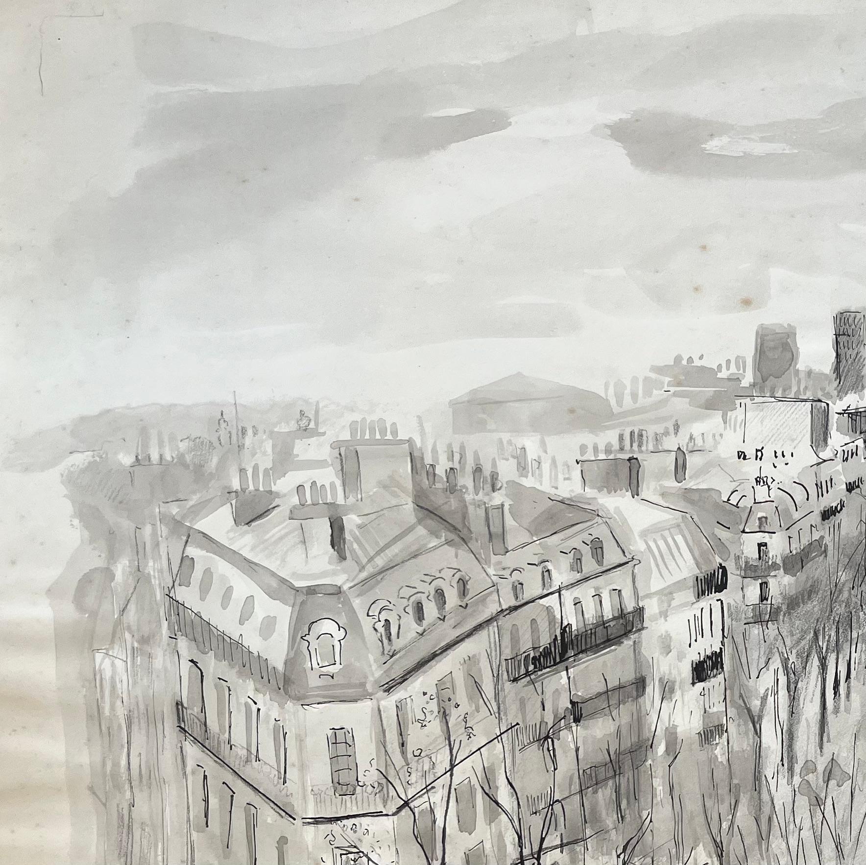 Encre et dessin du milieu du siècle dernier représentant le boulevard parisien et les coqs - Post-impressionnisme Painting par Anne Marie Migette Perard