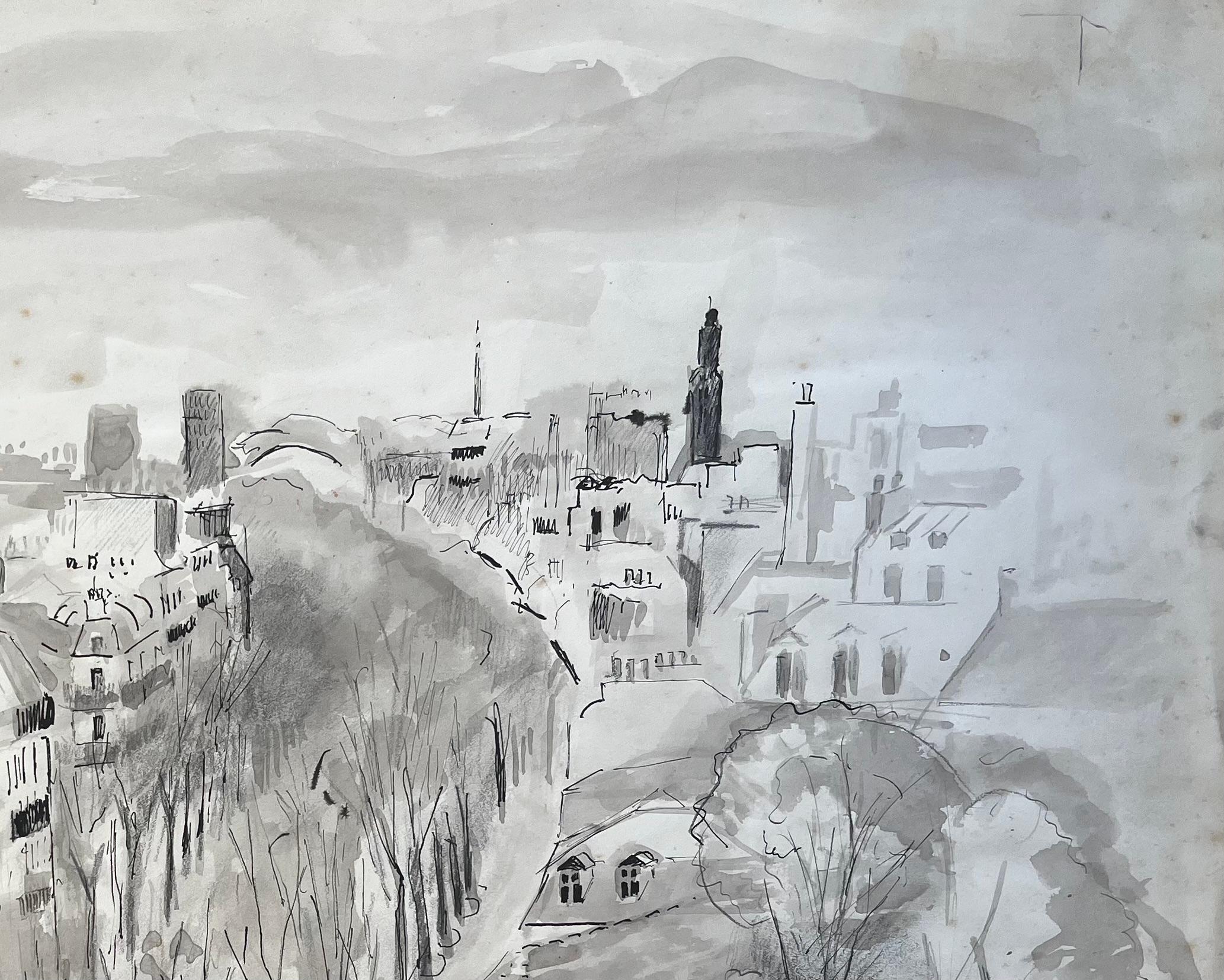 Encre et dessin du milieu du siècle dernier représentant le boulevard parisien et les coqs - Gris Landscape Painting par Anne Marie Migette Perard