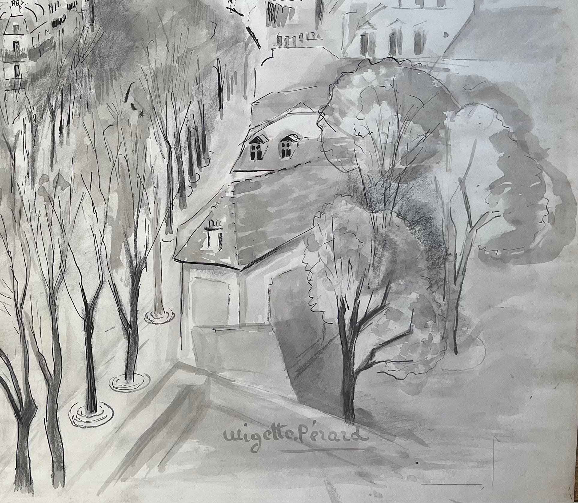 Encre et dessin du milieu du siècle dernier représentant le boulevard parisien et les coqs en vente 1