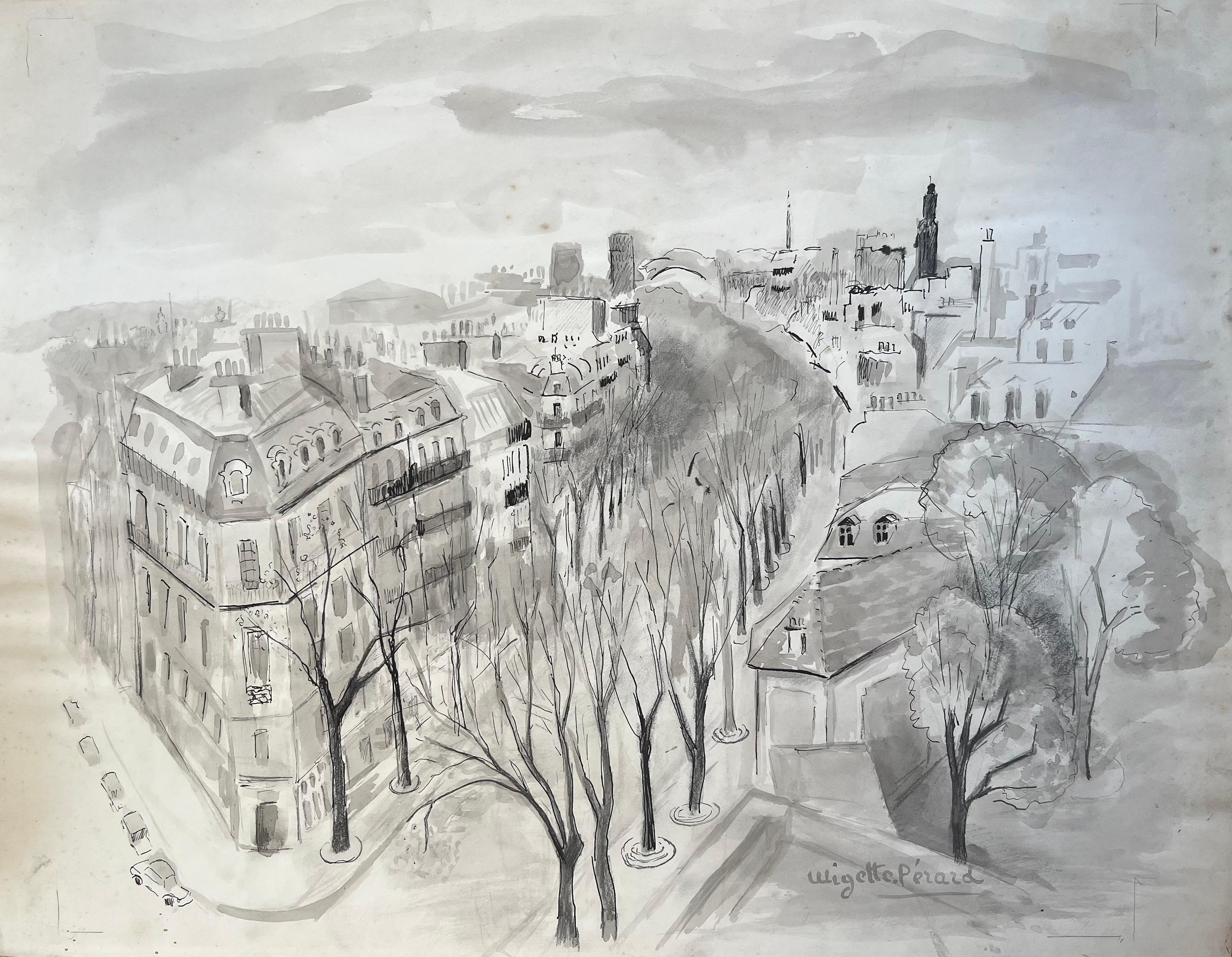 Encre et dessin du milieu du siècle dernier représentant le boulevard parisien et les coqs