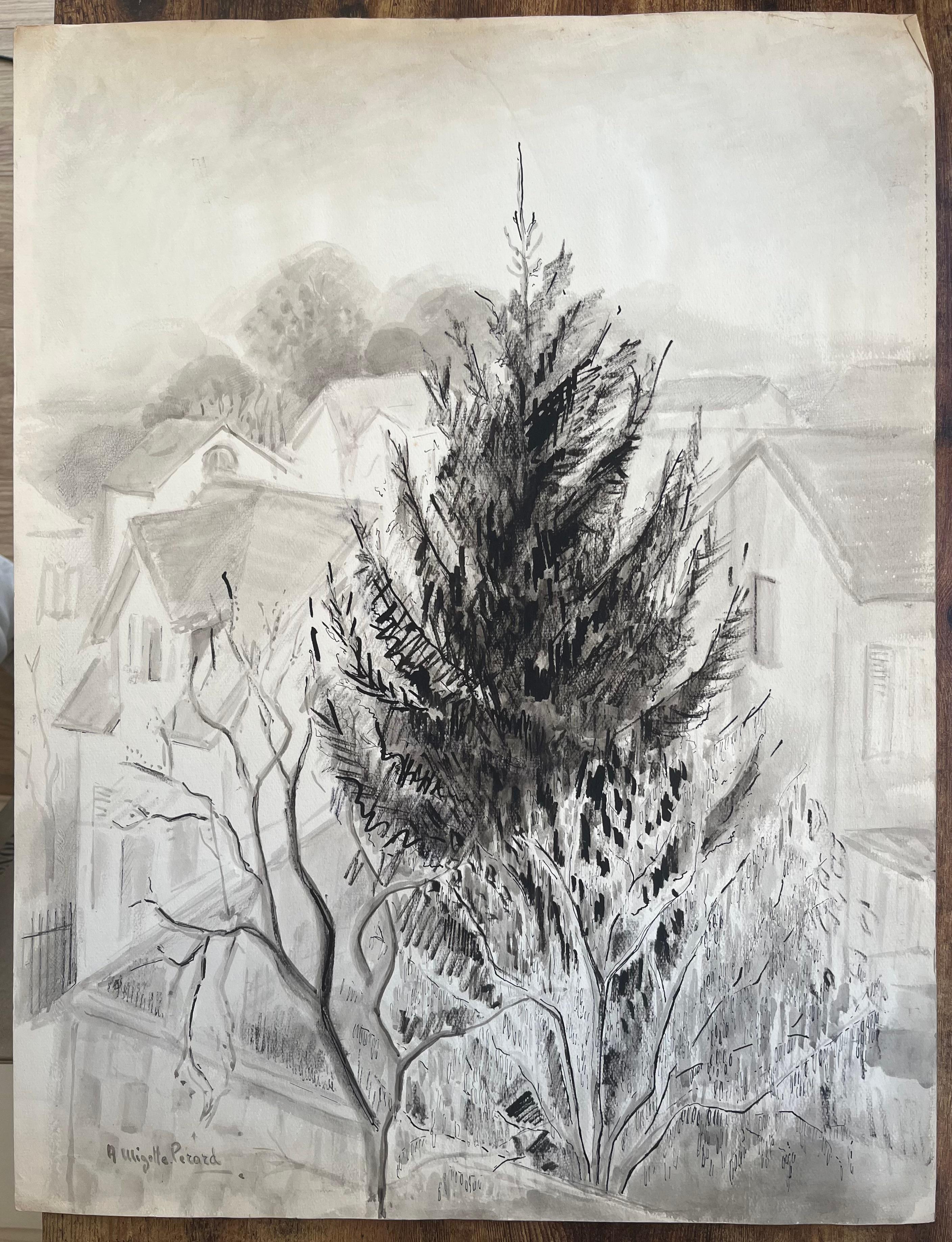 Encre et dessin de bois de pin avec fond de village français du milieu du siècle dernier - Painting de Anne Marie Migette Perard