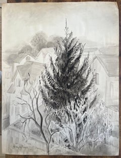 French Mid-Century Ink and Wash Drawing of Pine Tree with Village Background
