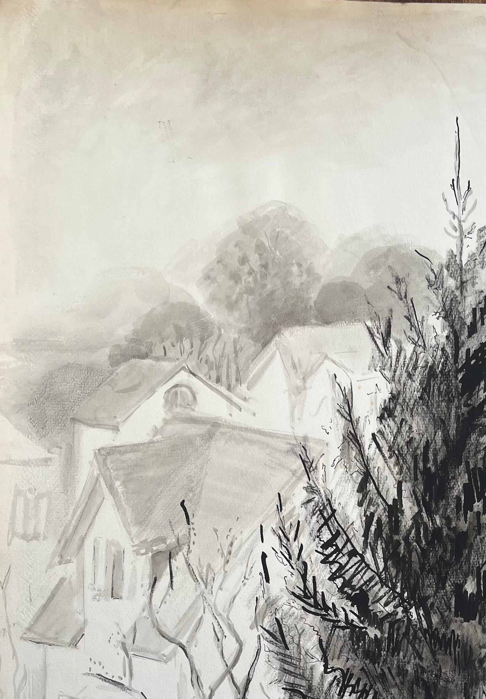 Encre et dessin de bois de pin avec fond de village français du milieu du siècle dernier - Post-impressionnisme Painting par Anne Marie Migette Perard