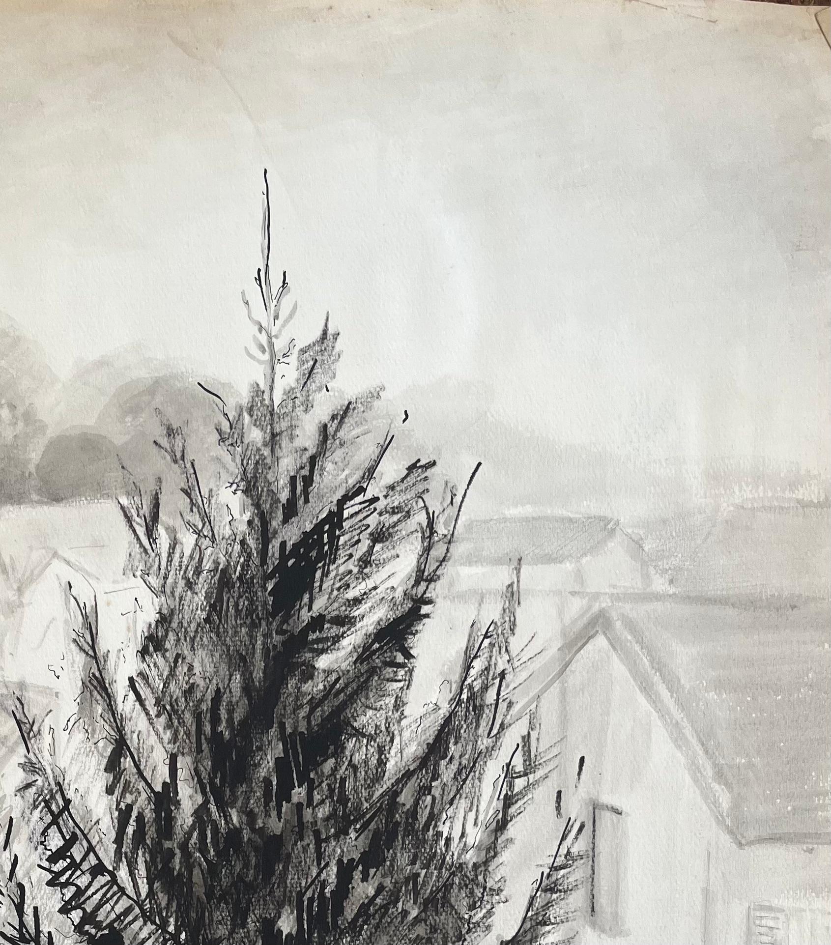Encre et dessin de bois de pin avec fond de village français du milieu du siècle dernier - Gris Landscape Painting par Anne Marie Migette Perard