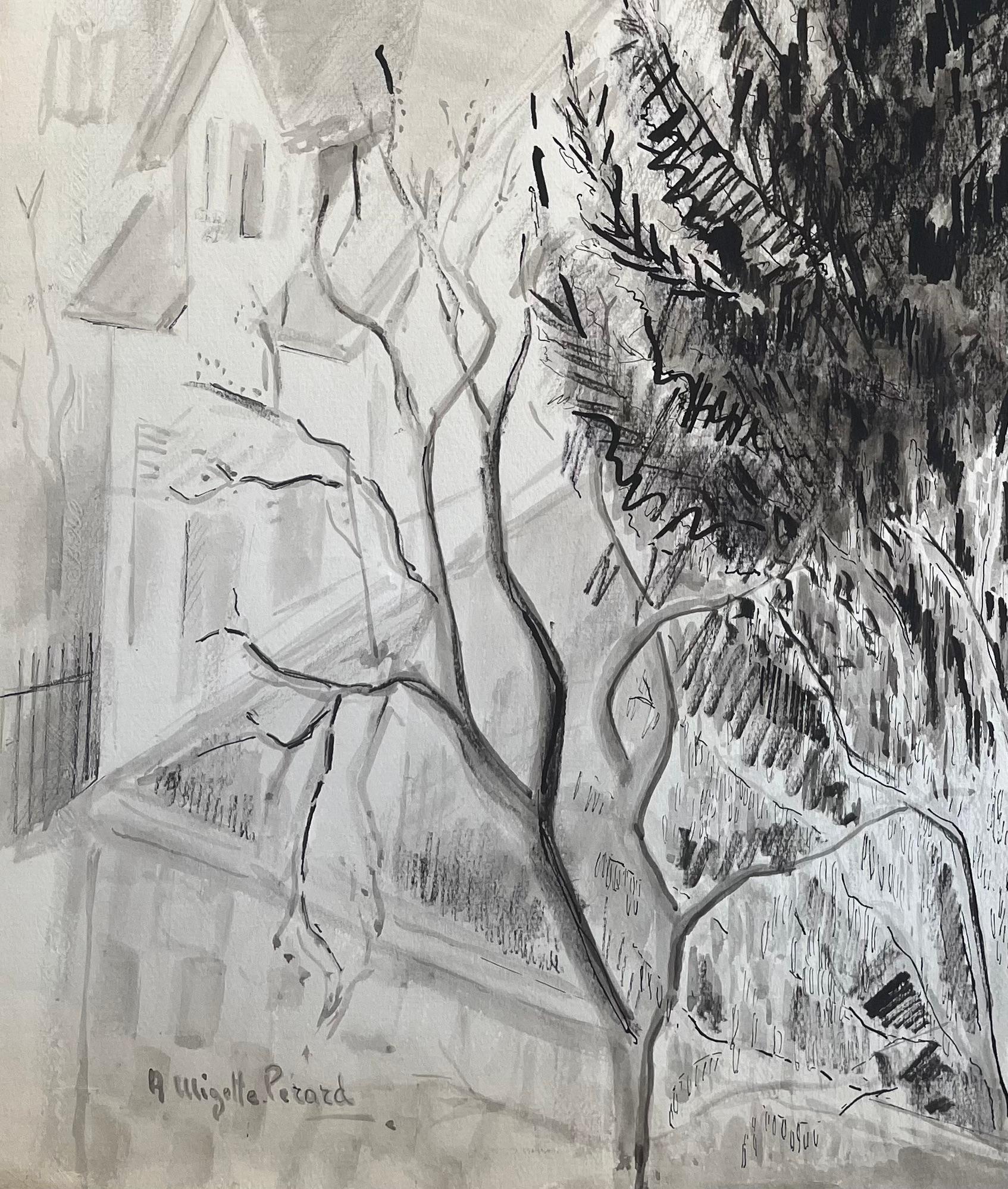Encre et dessin de bois de pin avec fond de village français du milieu du siècle dernier en vente 1